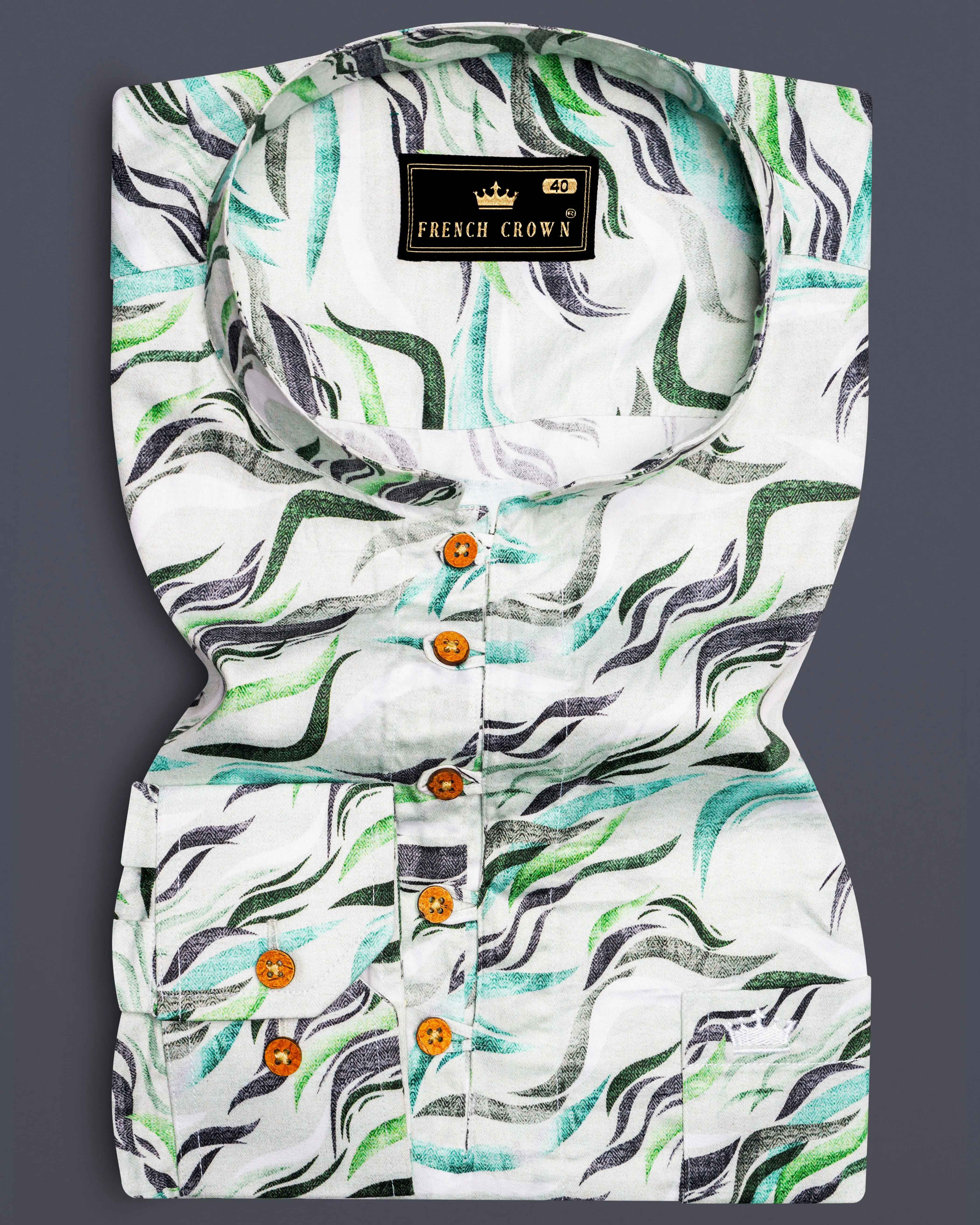 Bright White with Casper Blue and Pistachio Green Printed Super Soft Premium Cotton Kurta Shirt sold by French Crown