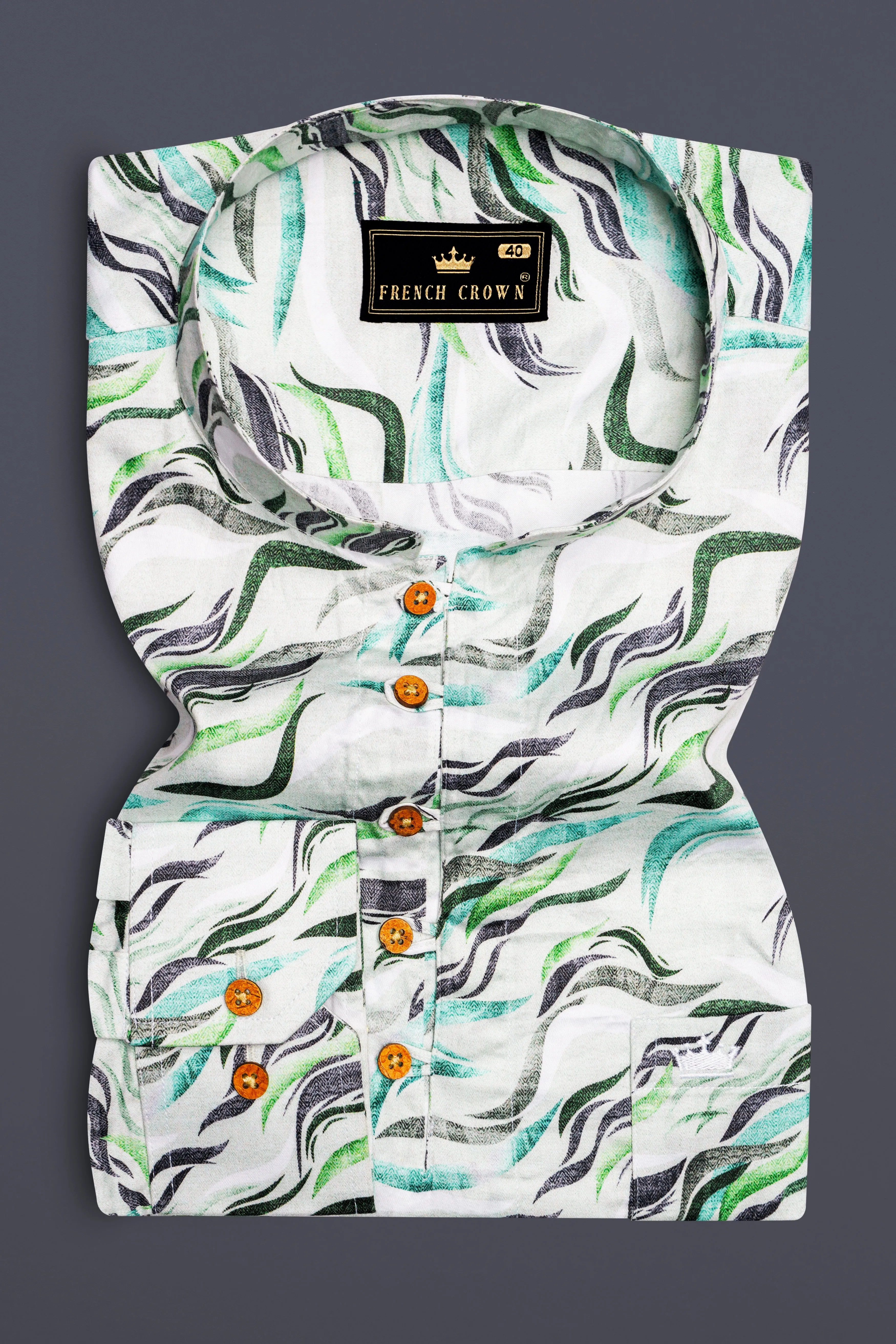 Bright White with Casper Blue and Pistachio Green Printed Super Soft Premium Cotton Kurta Shirt sold by French Crown product image thumbnail 2