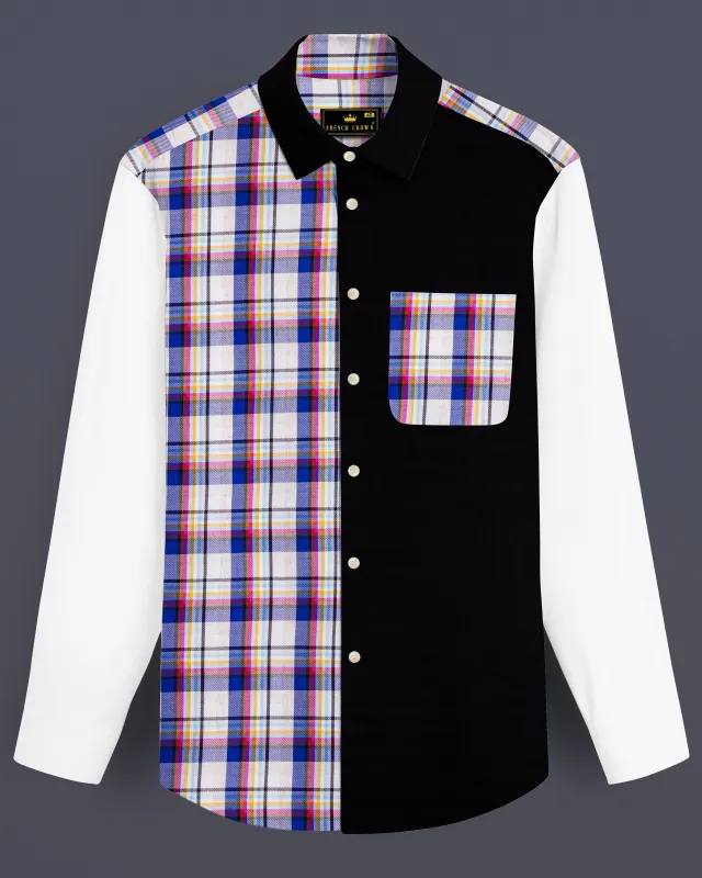 Bright White with Black and Cobalt Blue Checkered Super Soft Premium Cotton Designer Shirt sold by French Crown