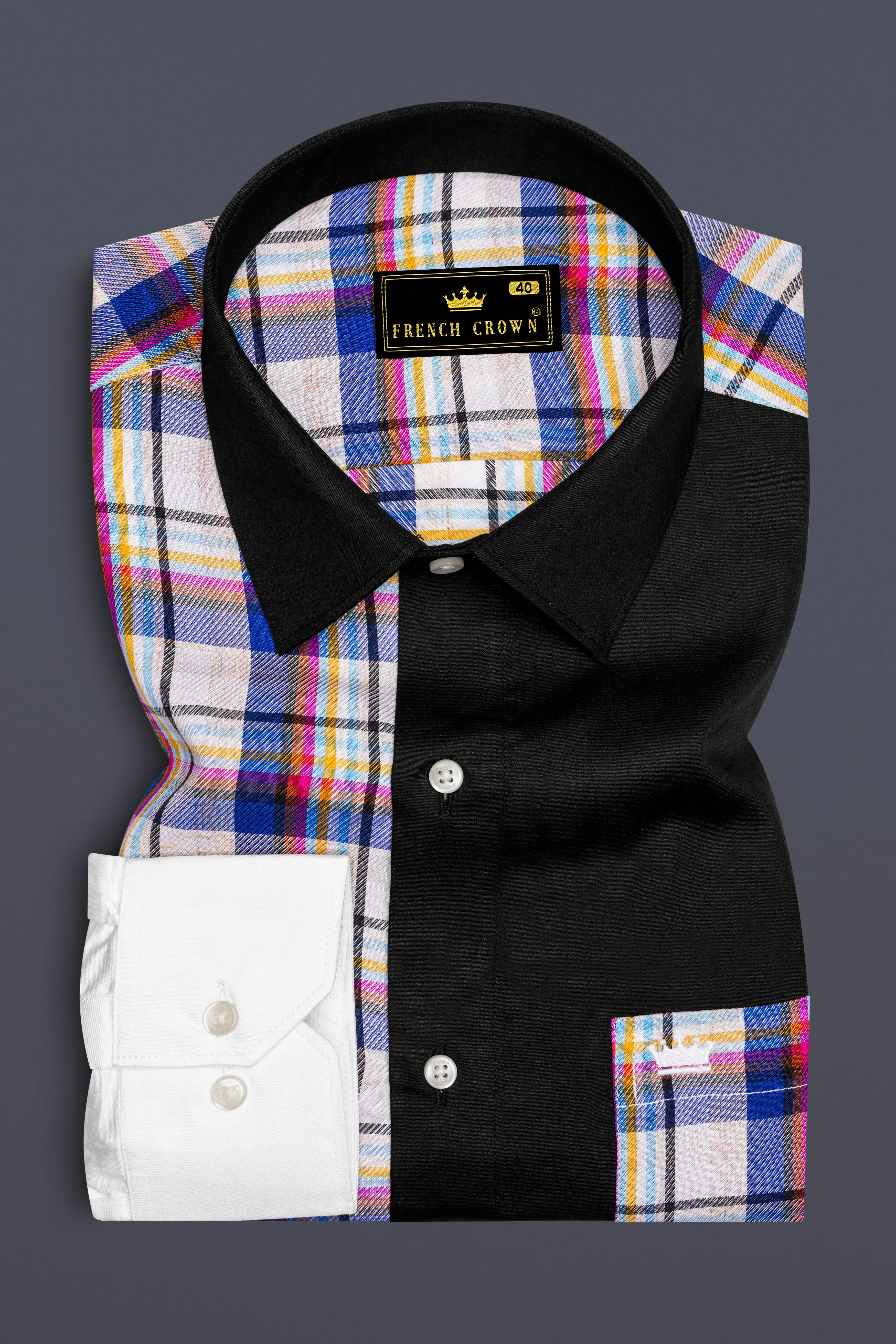Bright White with Black and Cobalt Blue Checkered Super Soft Premium Cotton Designer Shirt sold by French Crown product image thumbnail 5