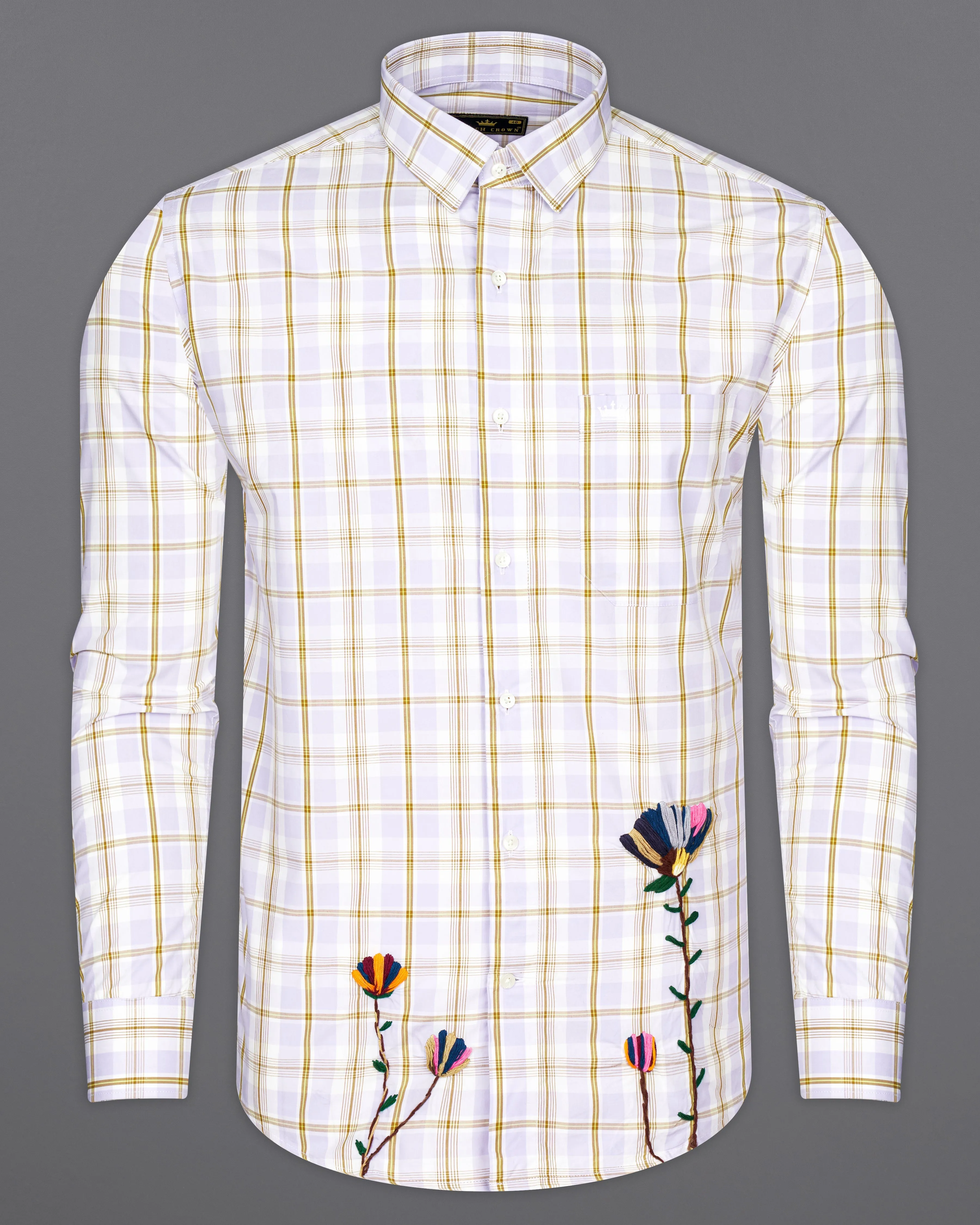 Amour Lavender with Leather Brown Checkered Floral Embroidered Premium Cotton Designer Shirt sold by French Crown product image thumbnail 2