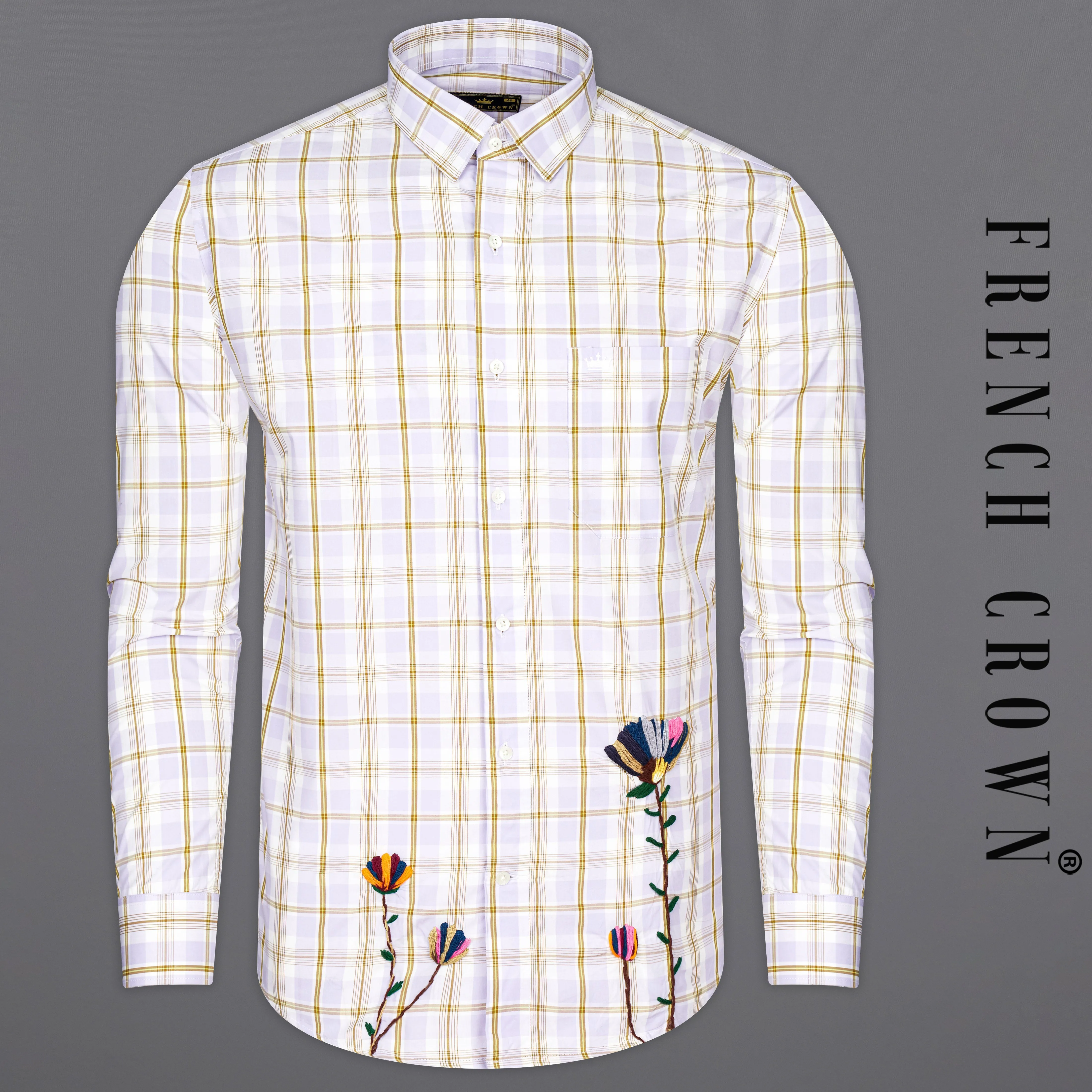 Amour Lavender with Leather Brown Checkered Floral Embroidered Premium Cotton Designer Shirt sold by French Crown