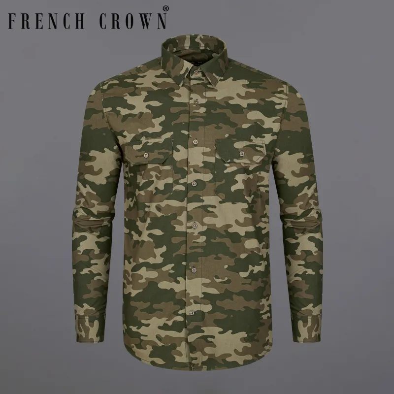 Wenge Brown with Charcoal Green Camouflage Printed Royal Oxford Designer Shirt sold by French Crown