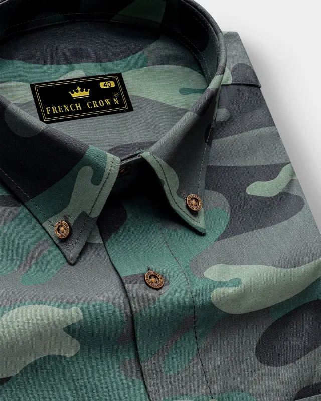 Viridian Green with Multicolour Camouflage Printed Royal Oxford Shirt sold by French Crown