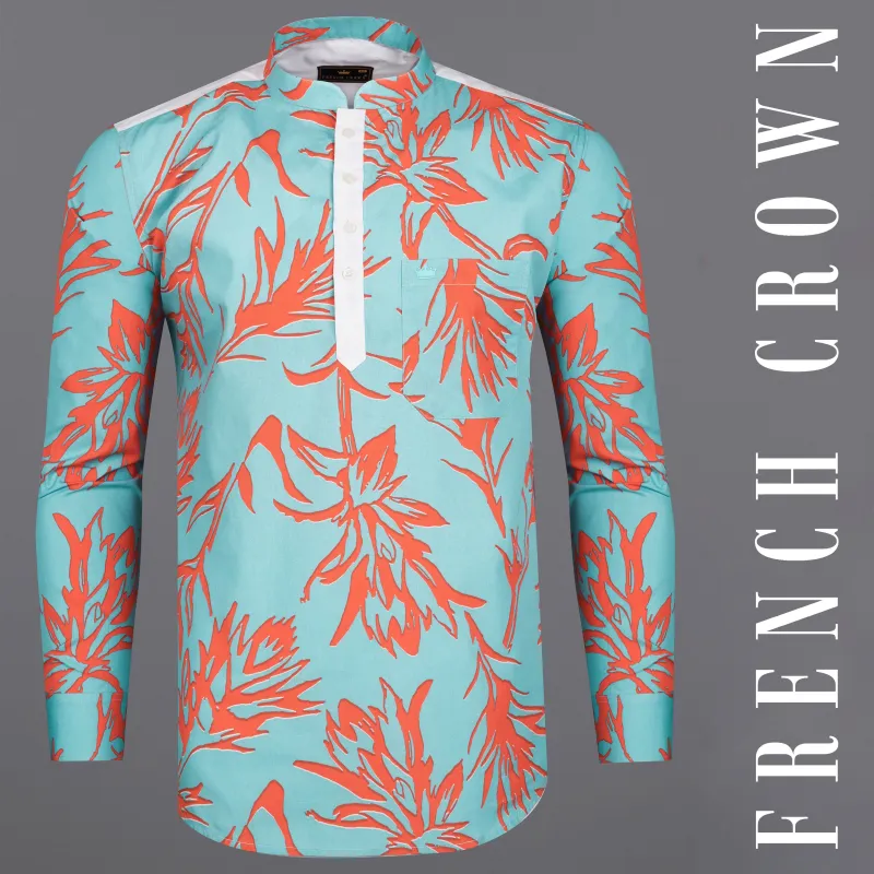 Tiffany Blue with Flamingo Red Printed Premium Cotton Mandarin Collar Designer Shirt sold by French Crown