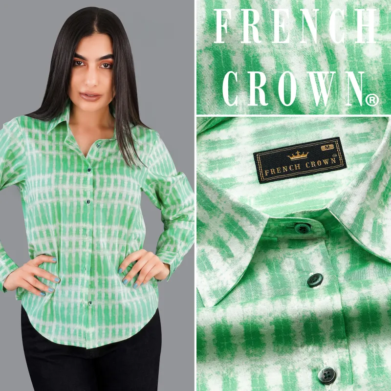 Teal Green with Bright White Printed Premium Tencel Shirt sold by French Crown