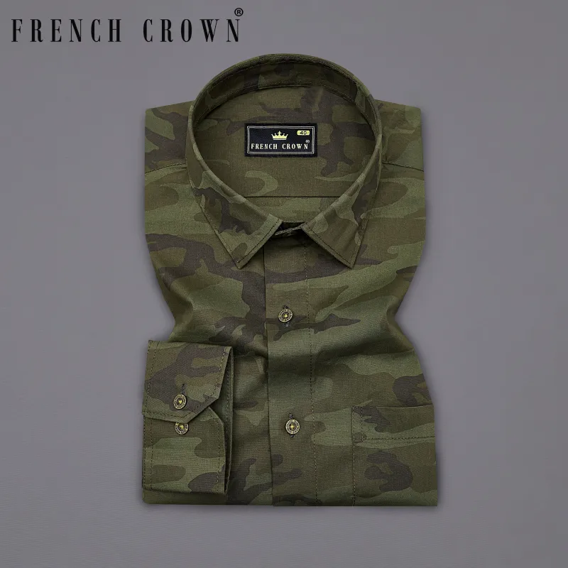 Taupe Green with Finch Green Camouflage Printed Royal Oxford Shirt sold by French Crown