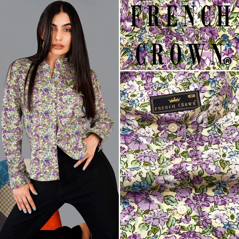 Tahuna Green with Wistteria Purple Floral Printed Premium Cotton Shirt sold by French Crown