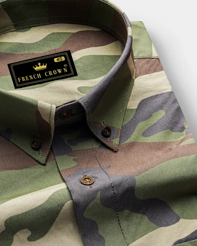 Siam Green with Wenge Brown Camouflage Printed Royal Oxford Shirt sold by French Crown