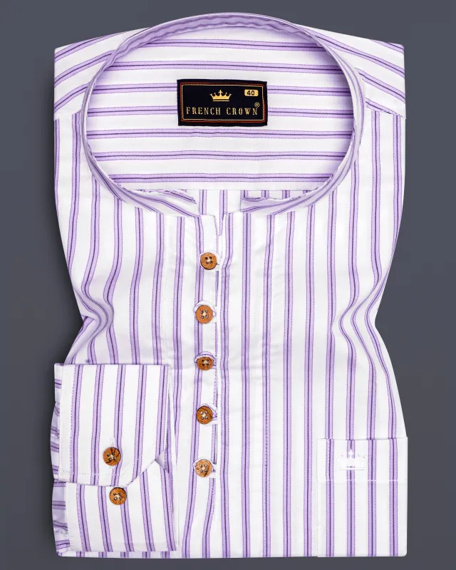 Pale Lilac Light Purple White Striped Premium Cotton Kurta Shirt sold by French Crown