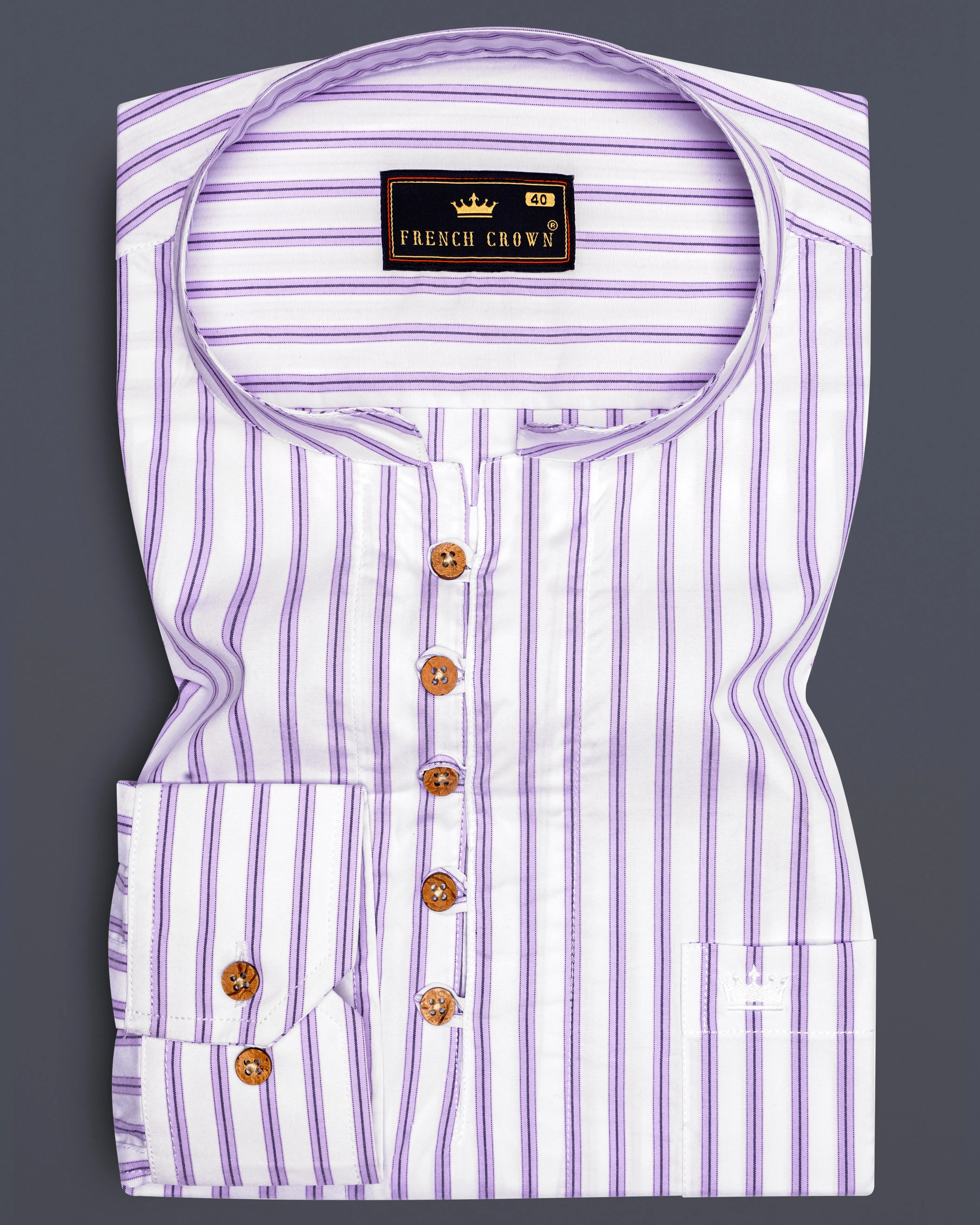 Pale Lilac Light Purple White Striped Premium Cotton Kurta Shirt sold by French Crown