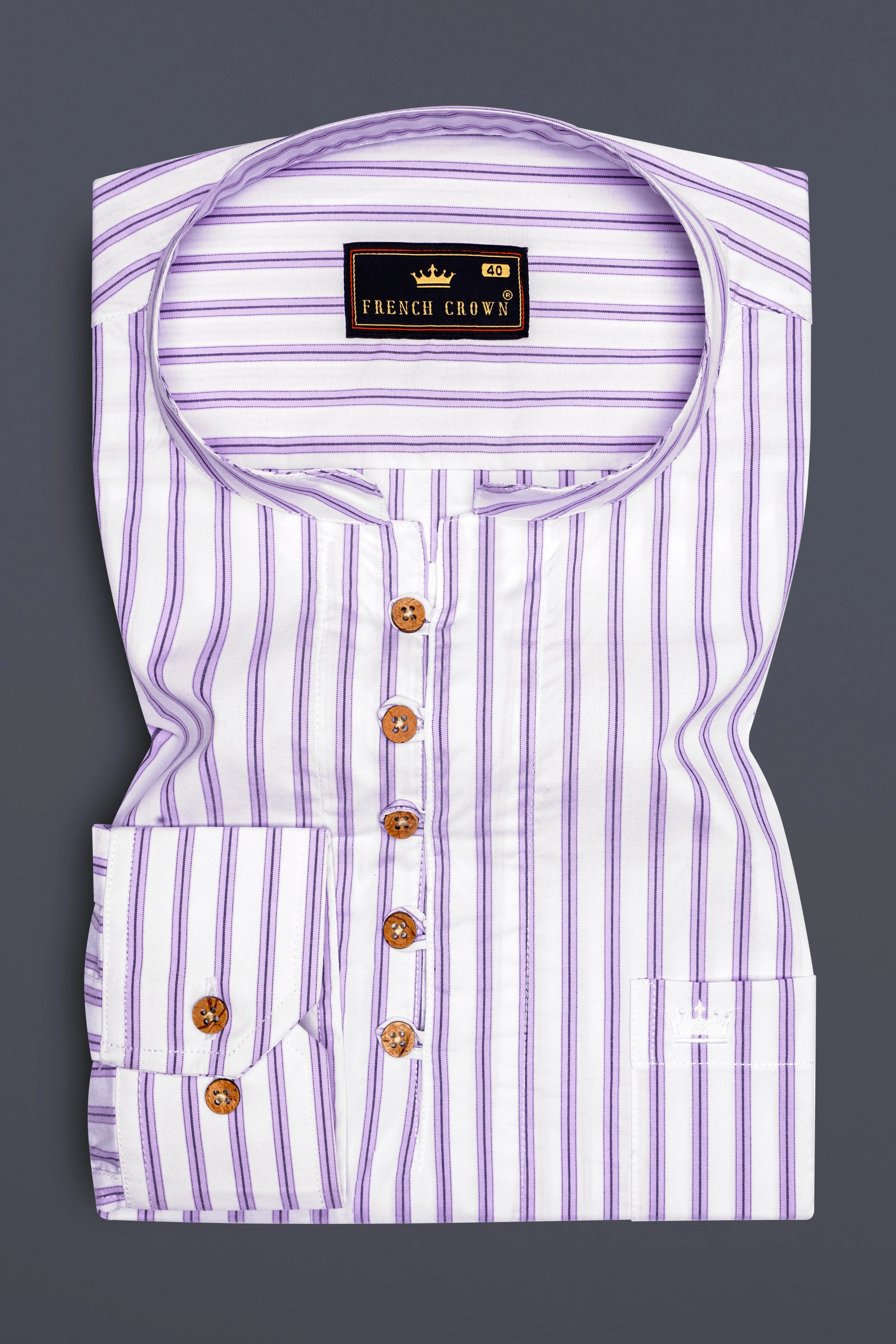 Pale Lilac Light Purple White Striped Premium Cotton Kurta Shirt sold by French Crown product image thumbnail 2