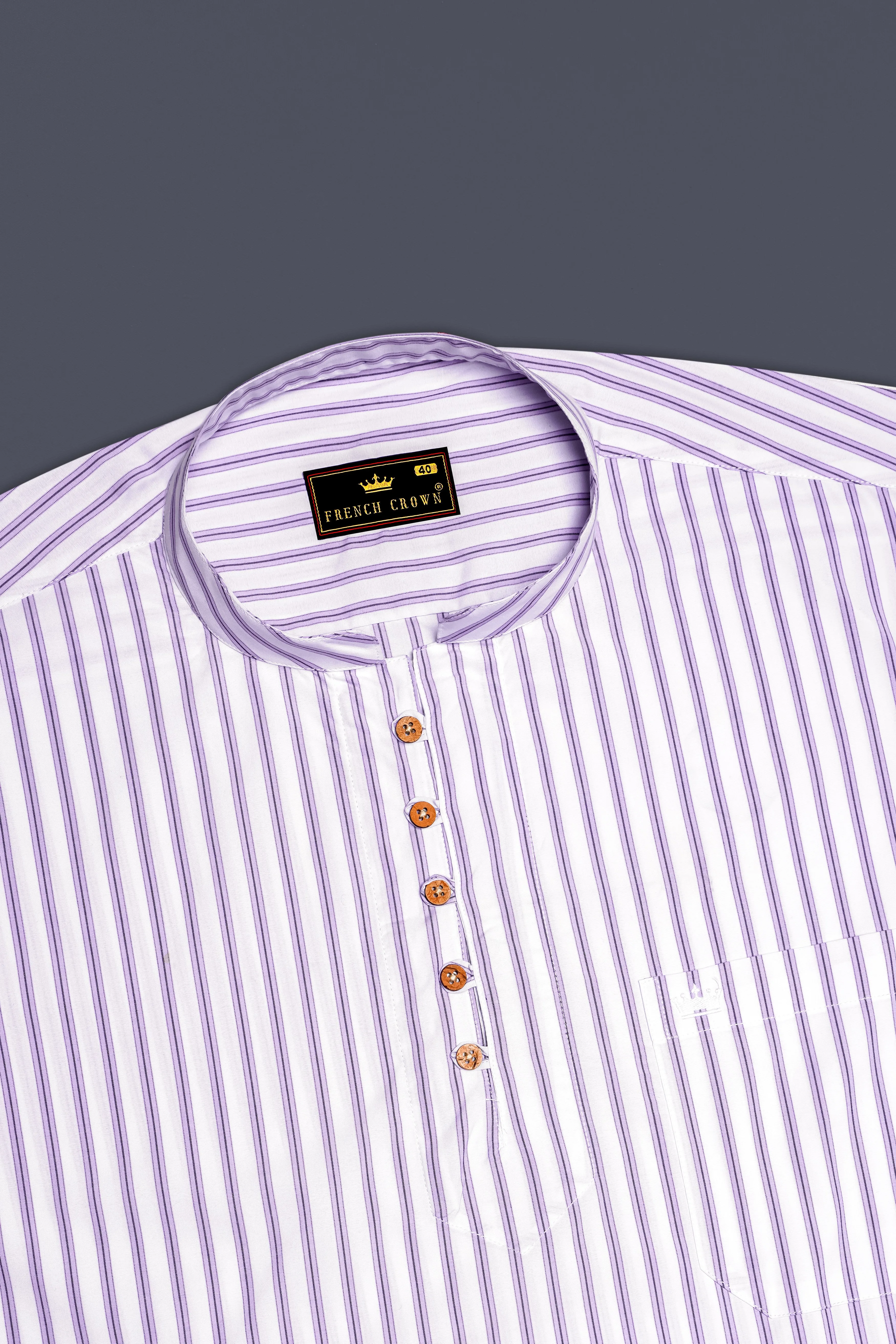 Pale Lilac Light Purple White Striped Premium Cotton Kurta Shirt sold by French Crown product image thumbnail 5