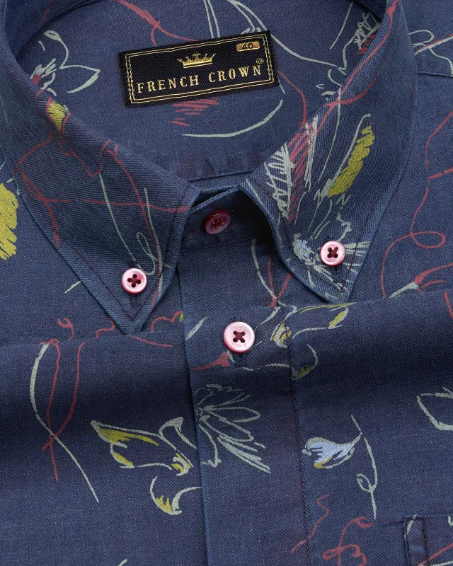 Martinique Blue Floral Textured With Maroon Buttondown Denim Shirt sold by French Crown