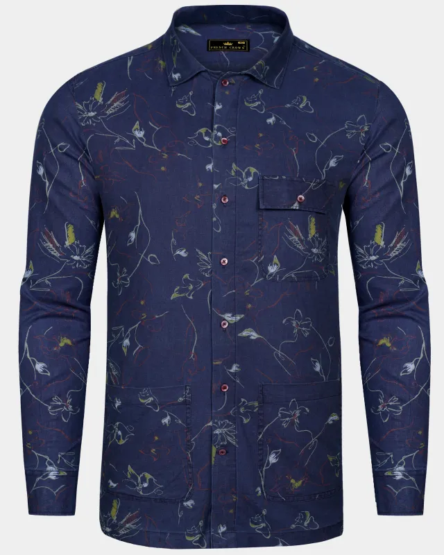 Martinique Blue Floral Textured Denim Designer Shirt sold by French Crown
