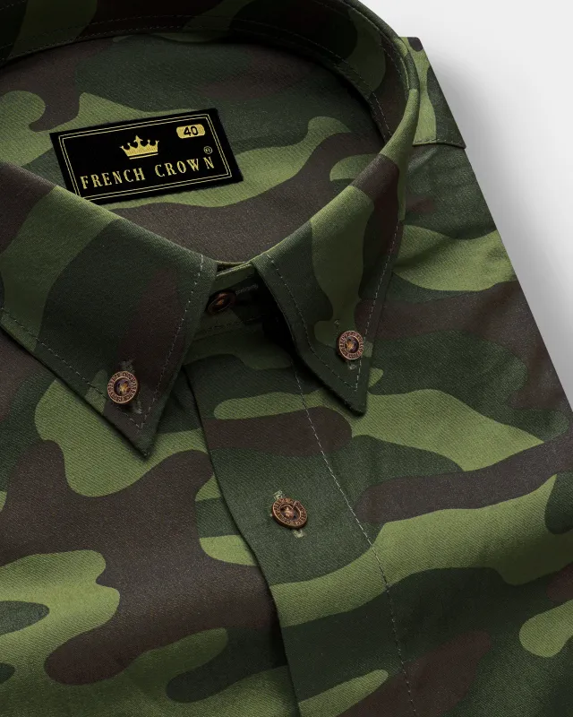 Mallard with Asparagus Green and Fuscous Brown Camouflage Printed Royal Oxford Shirt sold by French Crown