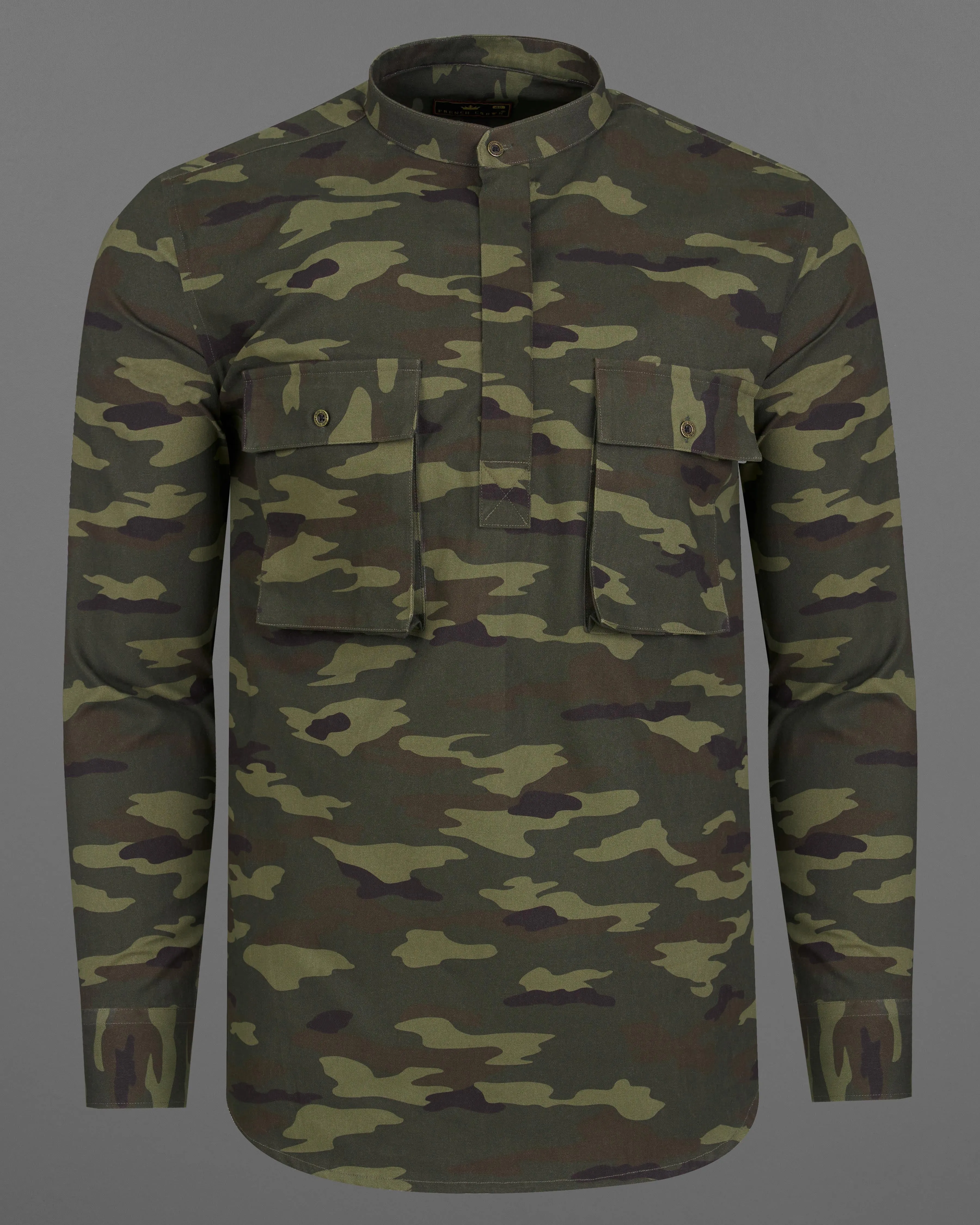 Limed with Birch Green Camouflage Mandarin Collar Royal Oxford Designer Shirt sold by French Crown product image thumbnail 2