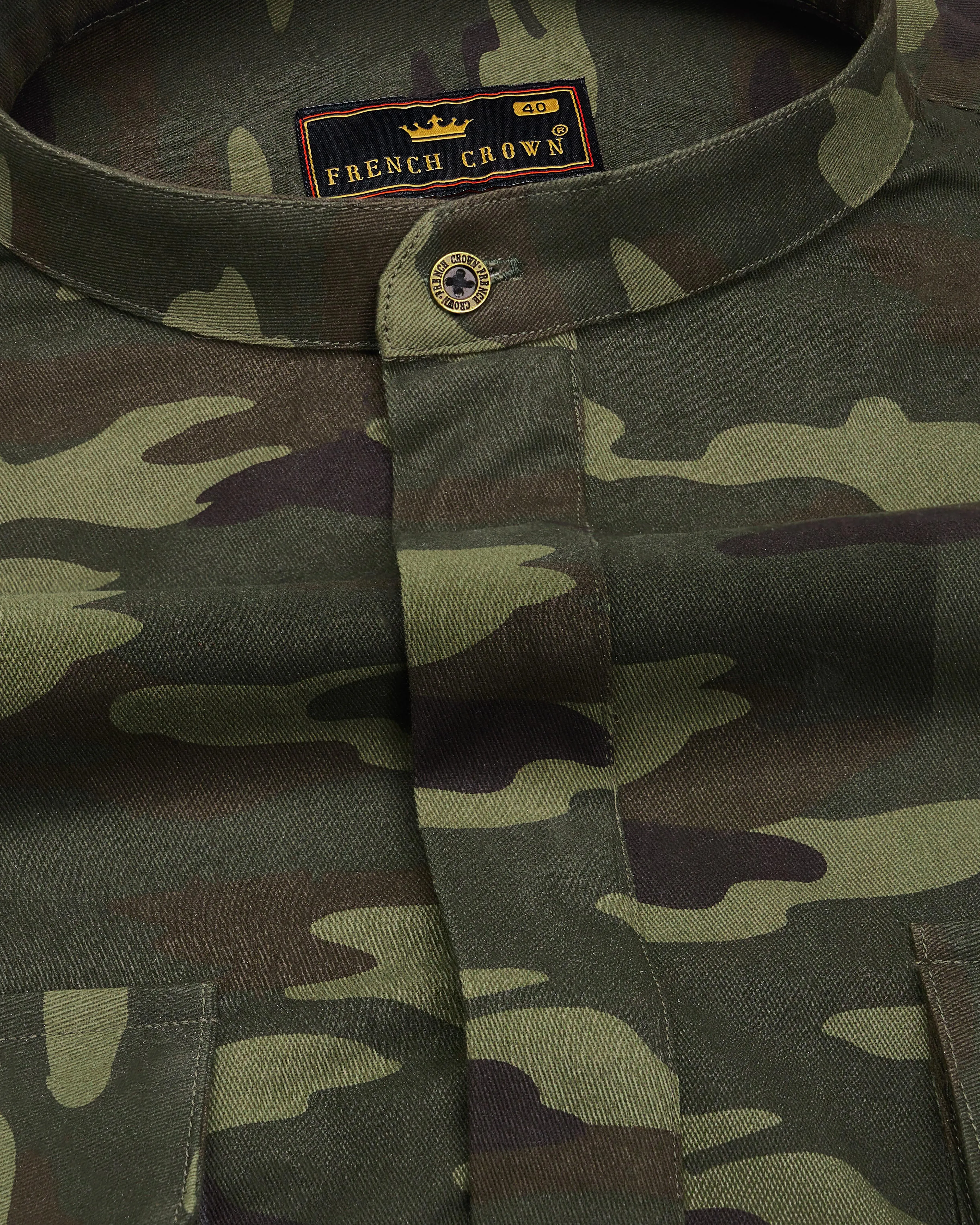 Limed with Birch Green Camouflage Mandarin Collar Royal Oxford Designer Shirt sold by French Crown product image thumbnail 5