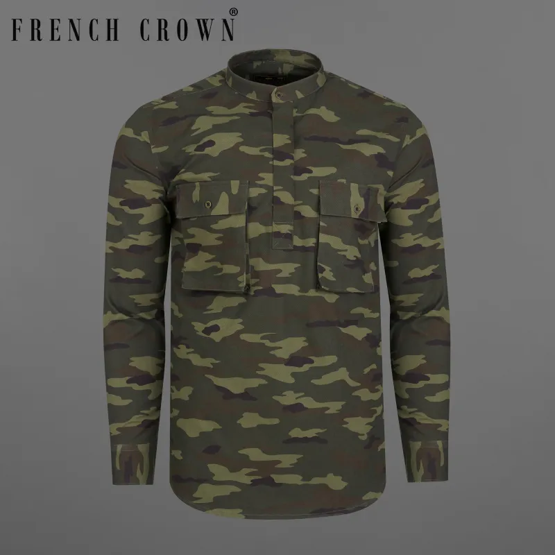 Limed with Birch Green Camouflage Mandarin Collar Royal Oxford Designer Shirt sold by French Crown