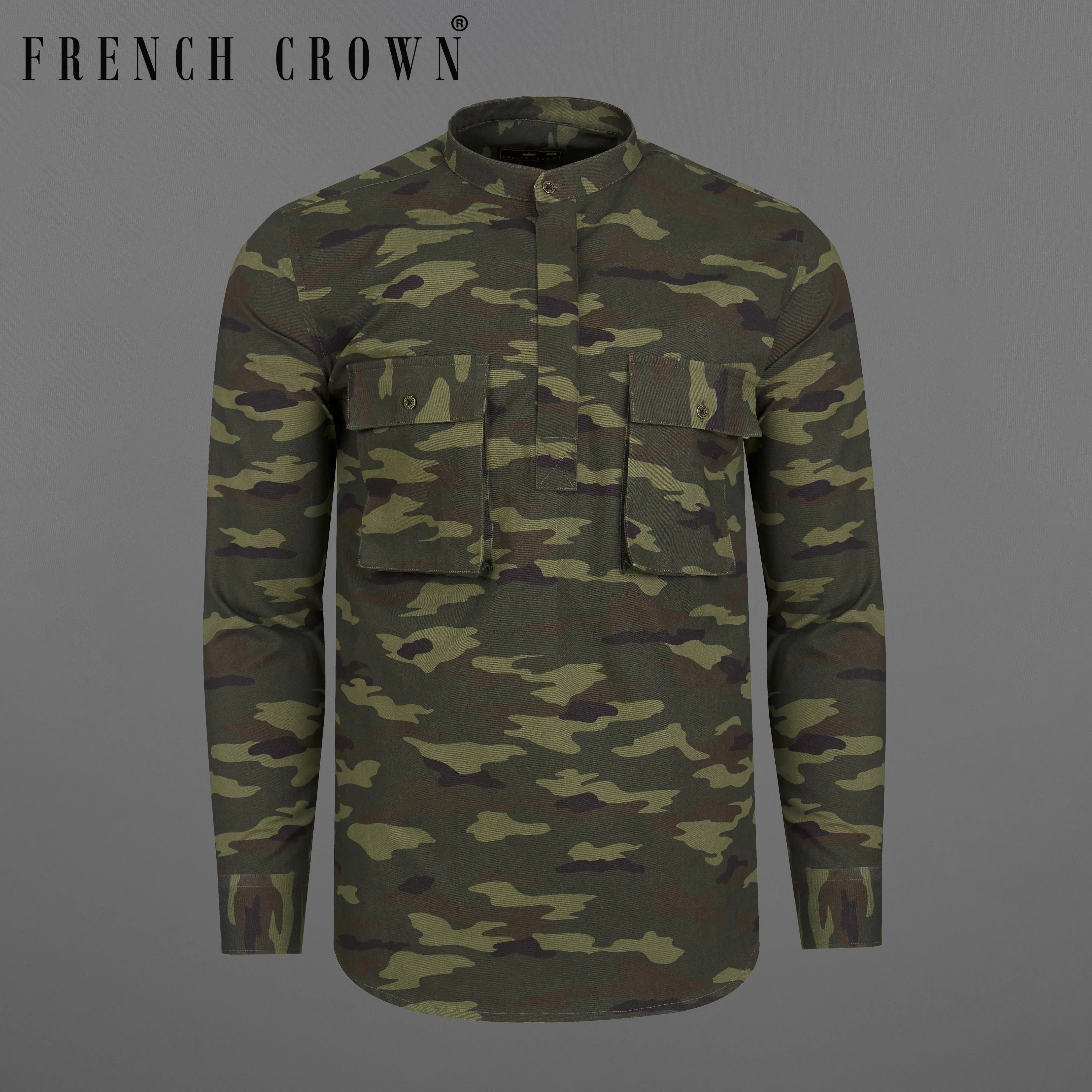 Limed with Birch Green Camouflage Mandarin Collar Royal Oxford Designer Shirt sold by French Crown