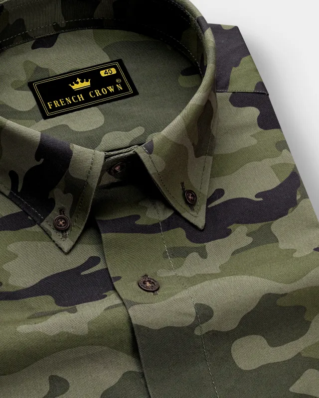 Limed Green with Bistre Brown Camouflage Printed Royal Oxford Shirt sold by French Crown