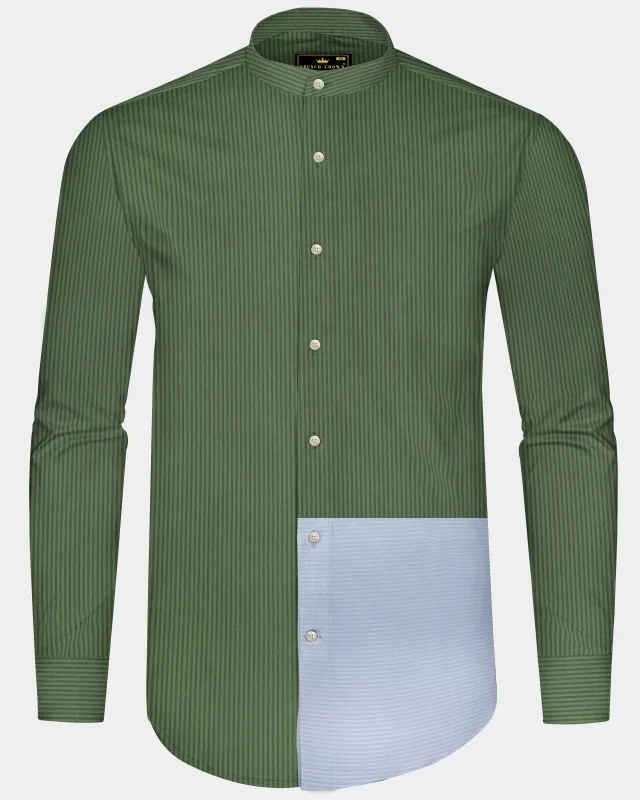 Lichen Green with Geyser Blue Striped Seersucker Giza Cotton Shirt sold by French Crown