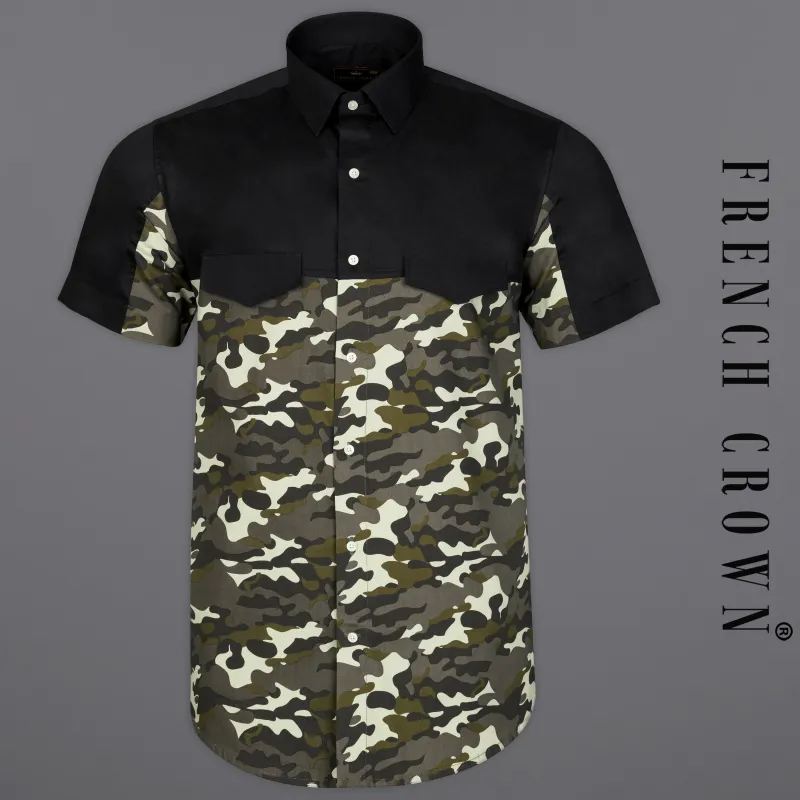 Jade Black with Birch Brown and Eggshell Cream Camouflage Royal Oxford Half Sleeves Designer Shirt sold by French Crown