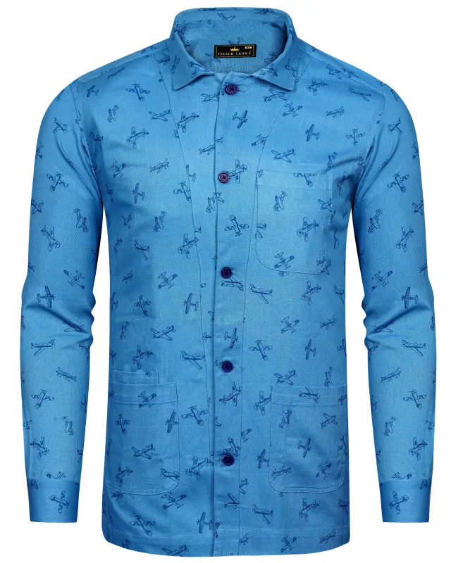 Hippie Blue Airplane Printed Royal Oxford Designer Overshirt sold by French Crown