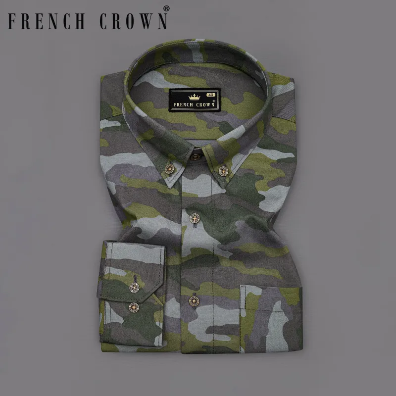 Gravel Gray with Hemlock Green Camouflage Printed Royal Oxford Shirt sold by French Crown