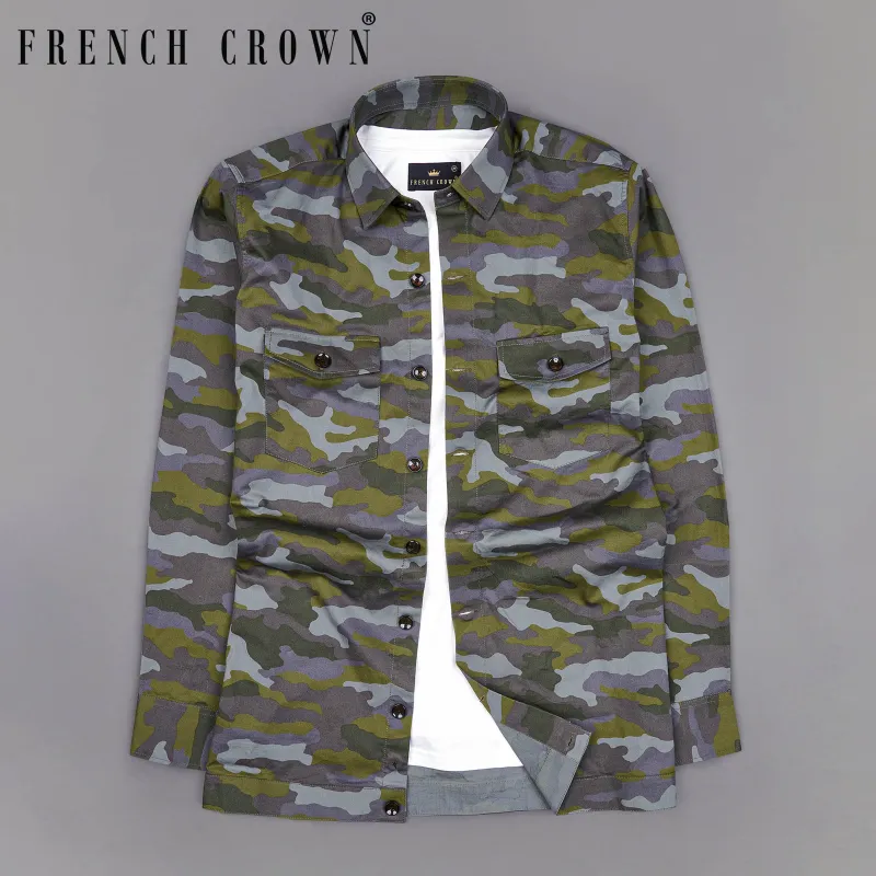 Gravel Gray with Hemlock Green Camouflage Printed Royal Oxford Designer Overshirt/Shacket sold by French Crown