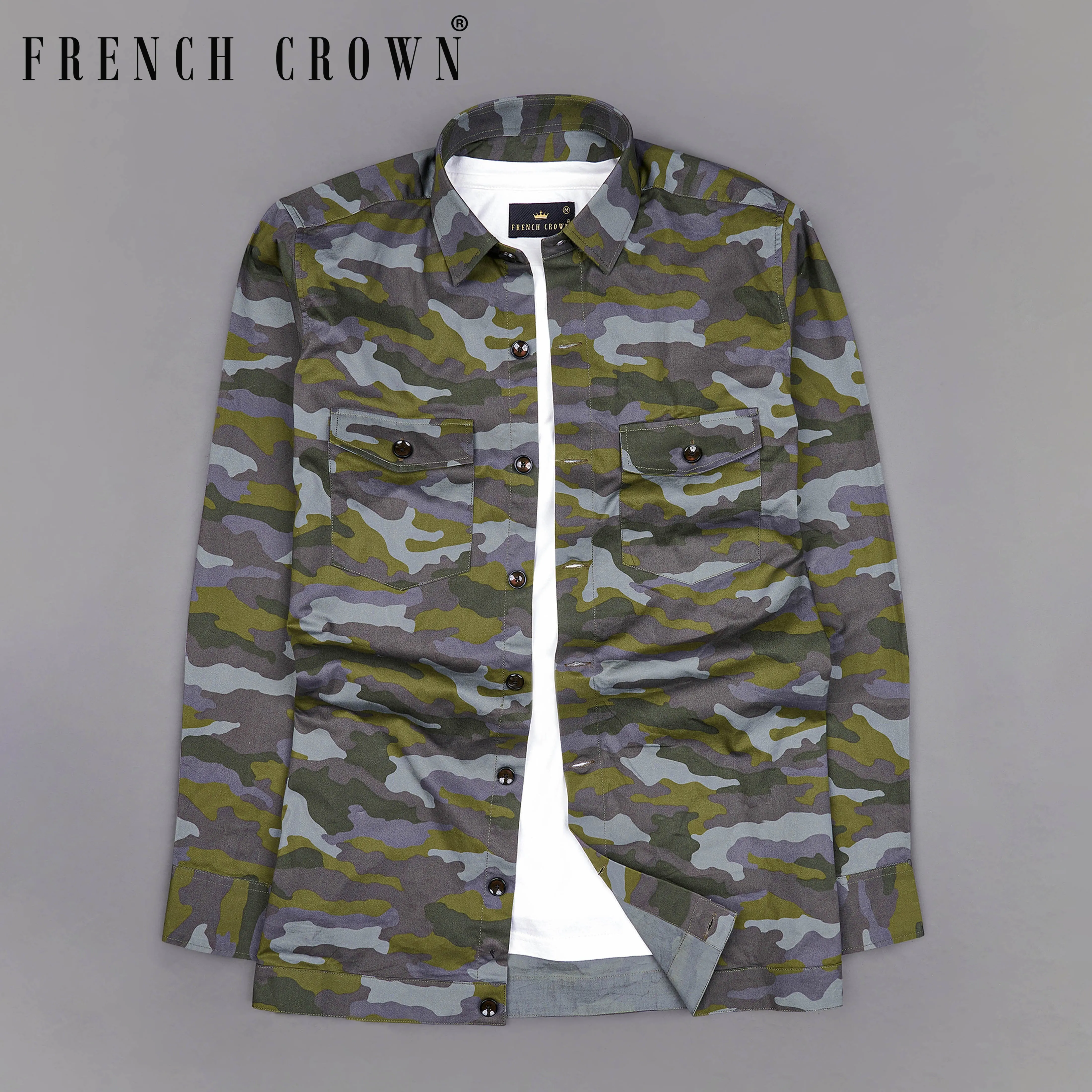 Gravel Gray with Hemlock Green Camouflage Printed Royal Oxford Designer Overshirt/Shacket sold by French Crown