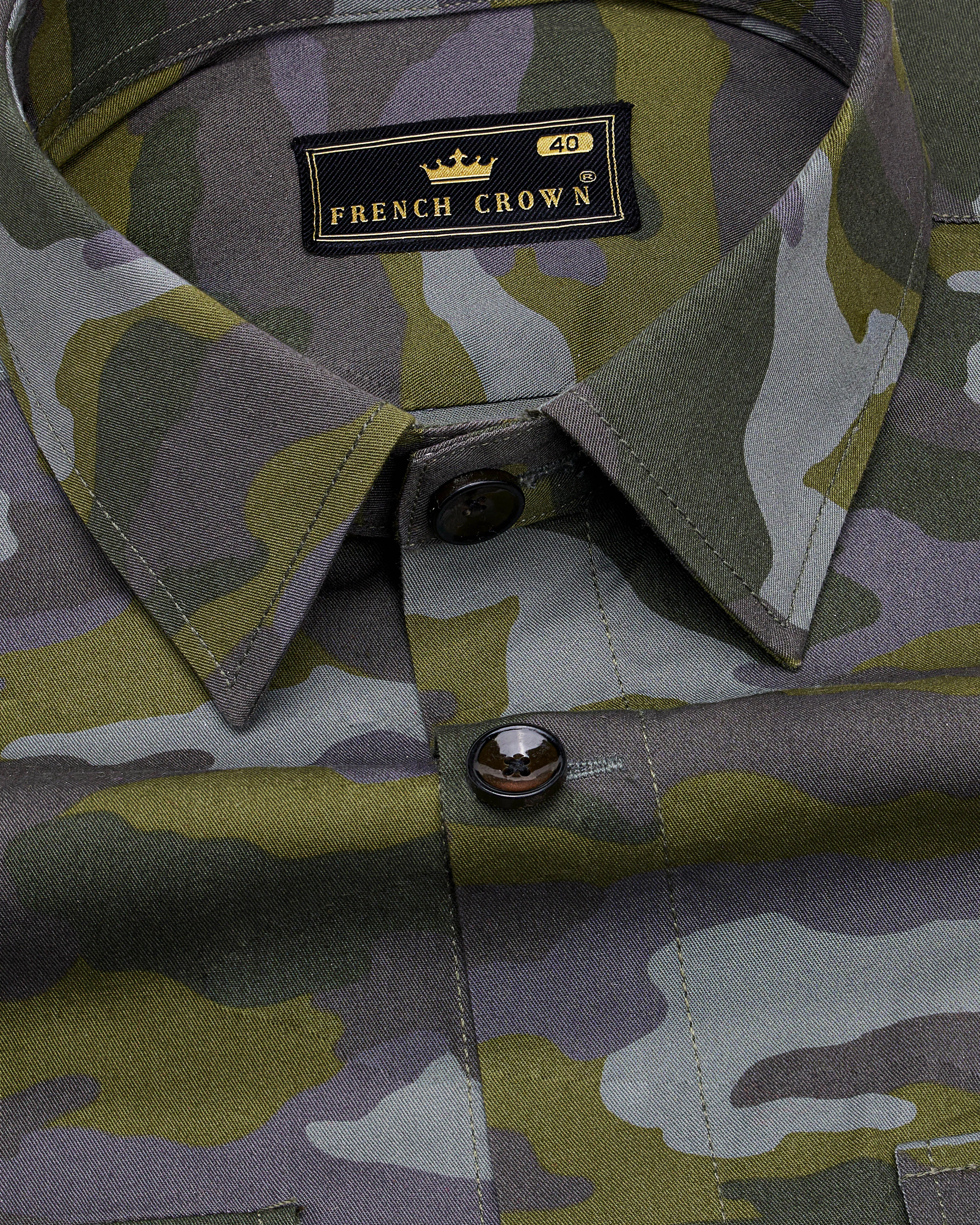 Gravel Gray with Hemlock Green Camouflage Printed Royal Oxford Designer Overshirt/Shacket sold by French Crown product image thumbnail 4