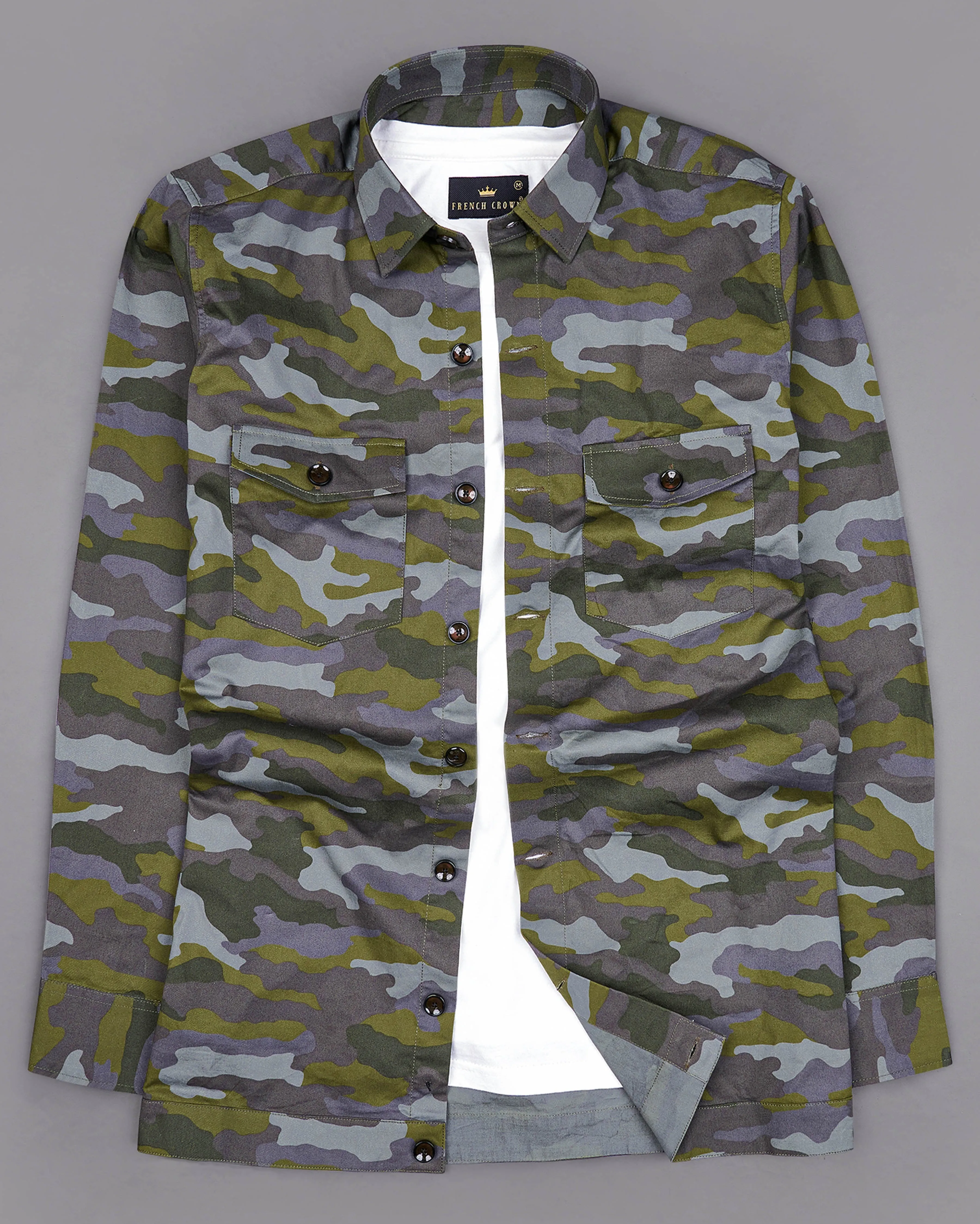 Gravel Gray with Hemlock Green Camouflage Printed Royal Oxford Designer Overshirt/Shacket sold by French Crown product image thumbnail 2