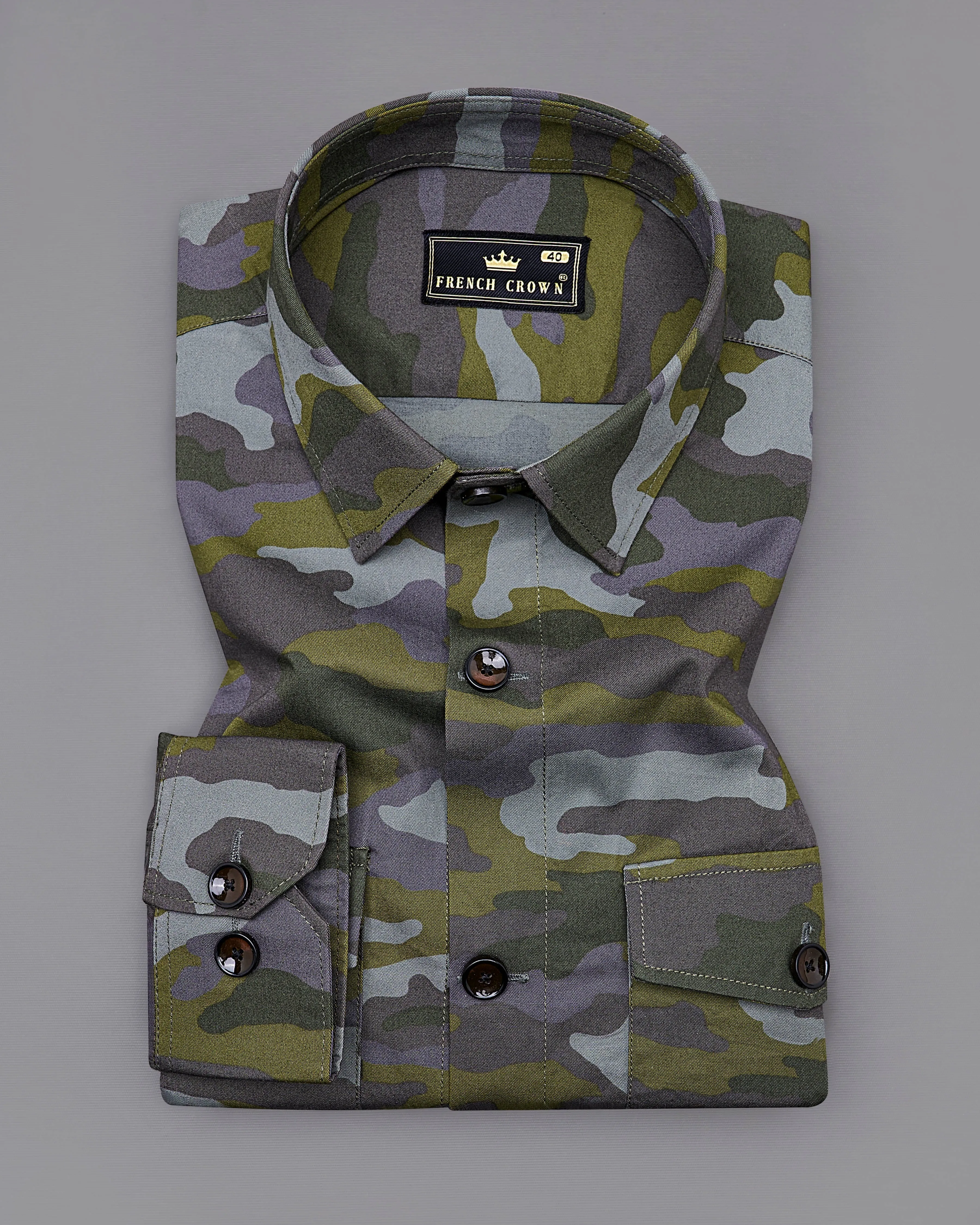 Gravel Gray with Hemlock Green Camouflage Printed Royal Oxford Designer Overshirt/Shacket sold by French Crown product image thumbnail 5