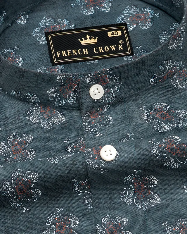 Fuscous Gray With Multicolour Floral Textured Luxurious Linen Shirt sold by French Crown
