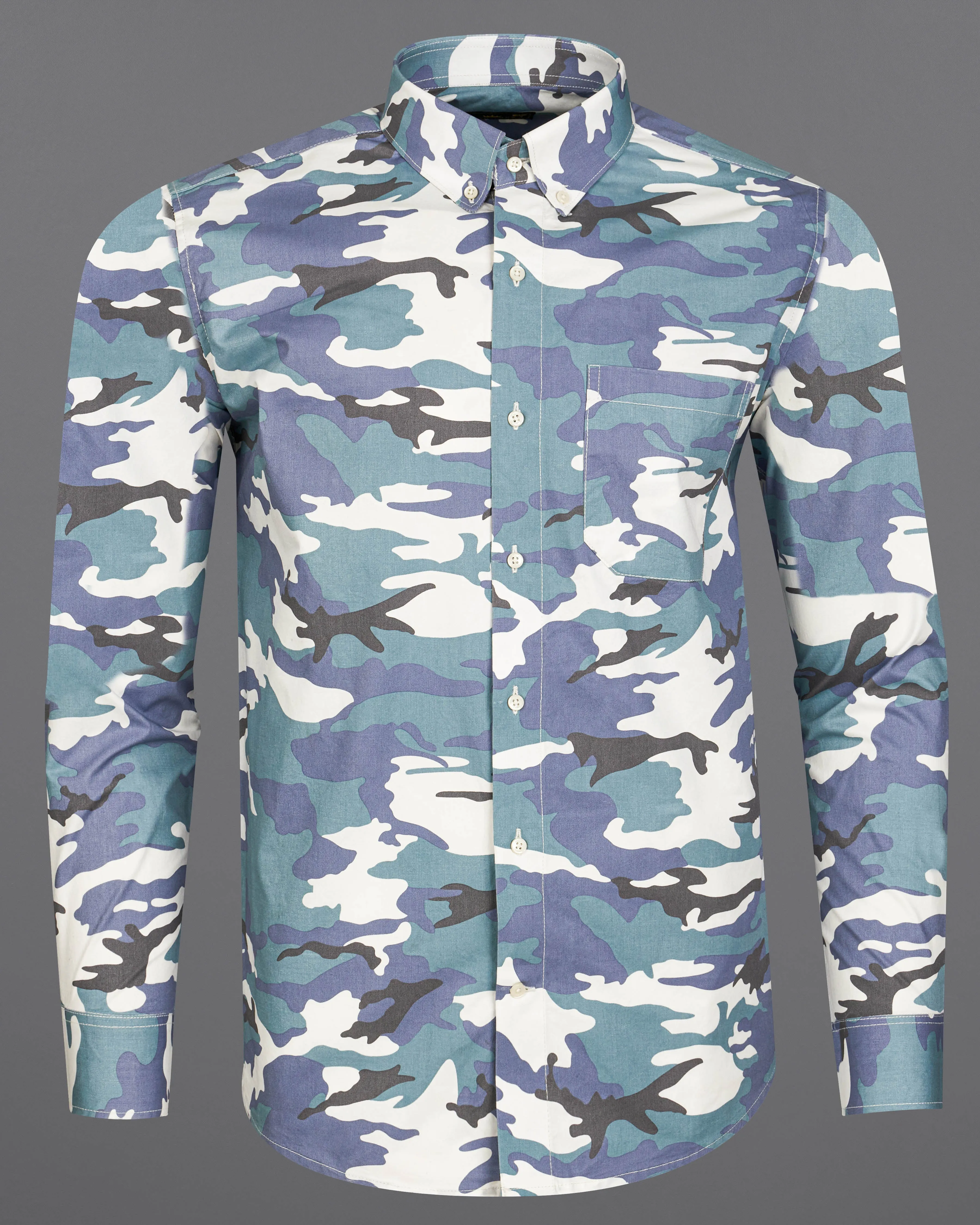 Cascade Blue with Mobster Blue Multicolour Camouflage Printed Royal Oxford Shirt sold by French Crown product image thumbnail 5