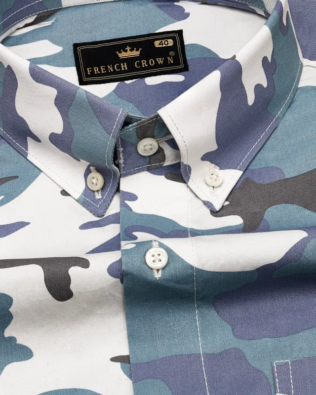 Cascade Blue with Mobster Blue Multicolour Camouflage Printed Royal Oxford Shirt sold by French Crown
