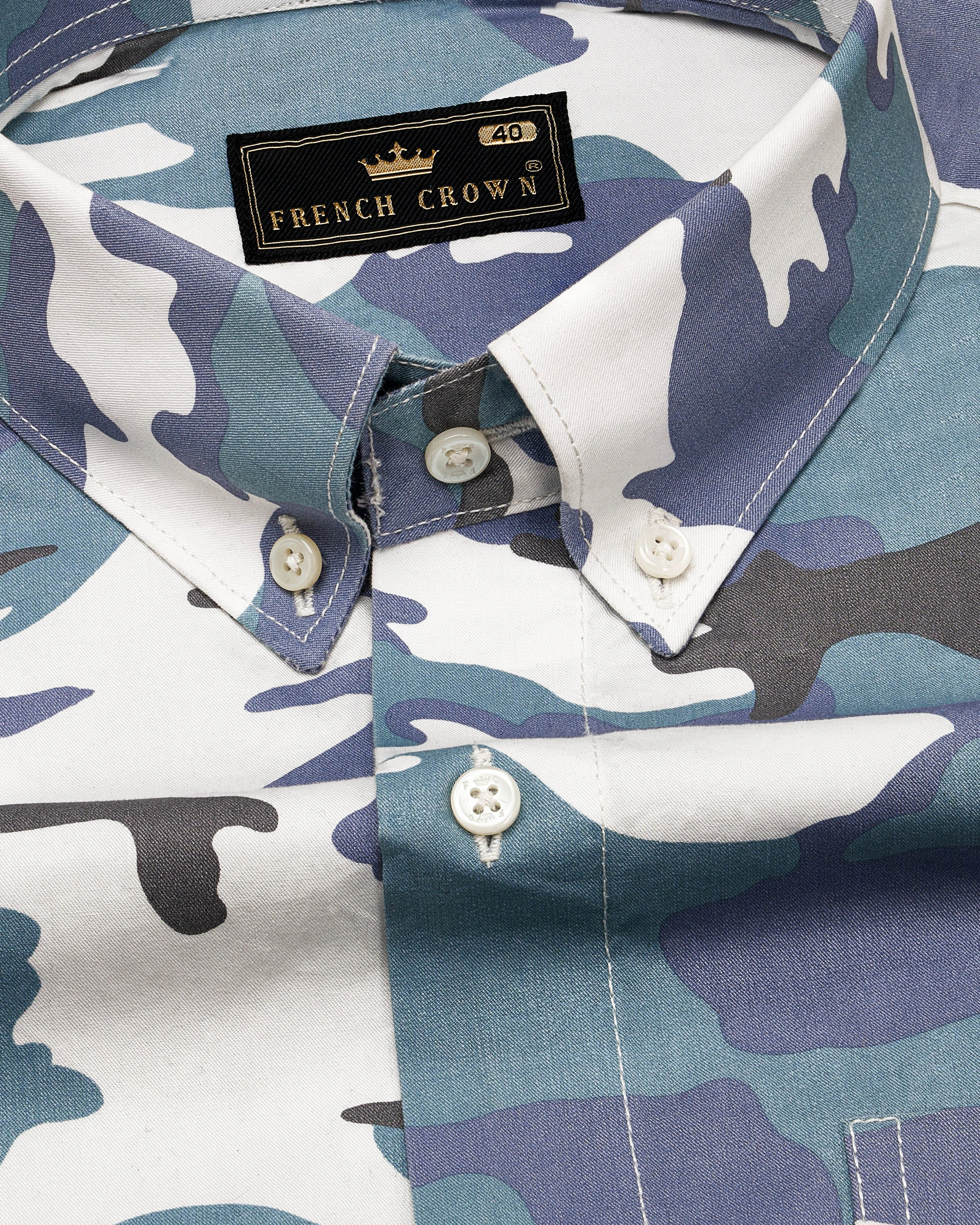 Cascade Blue with Mobster Blue Multicolour Camouflage Printed Royal Oxford Shirt sold by French Crown