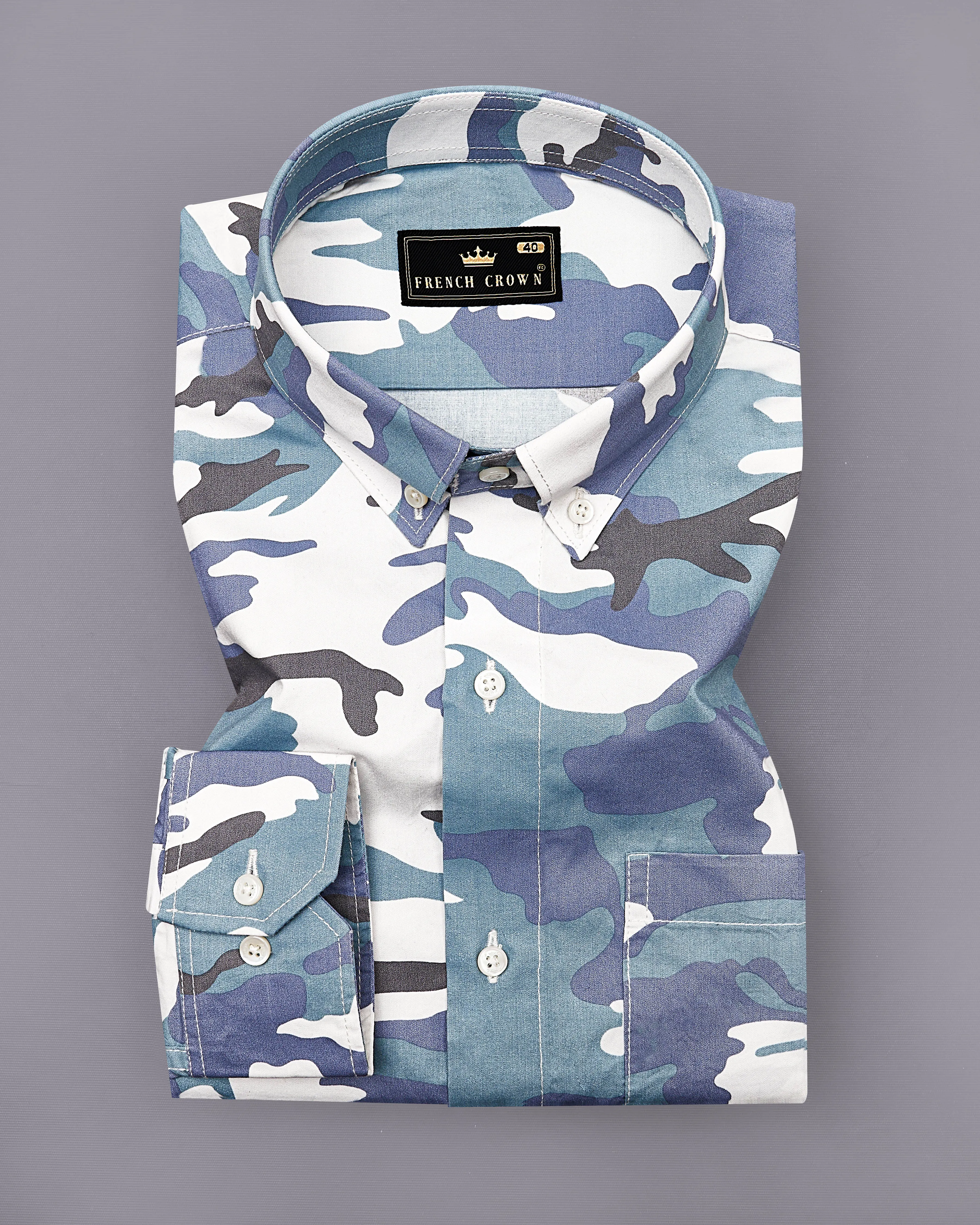 Cascade Blue with Mobster Blue Multicolour Camouflage Printed Royal Oxford Shirt sold by French Crown product image thumbnail 3