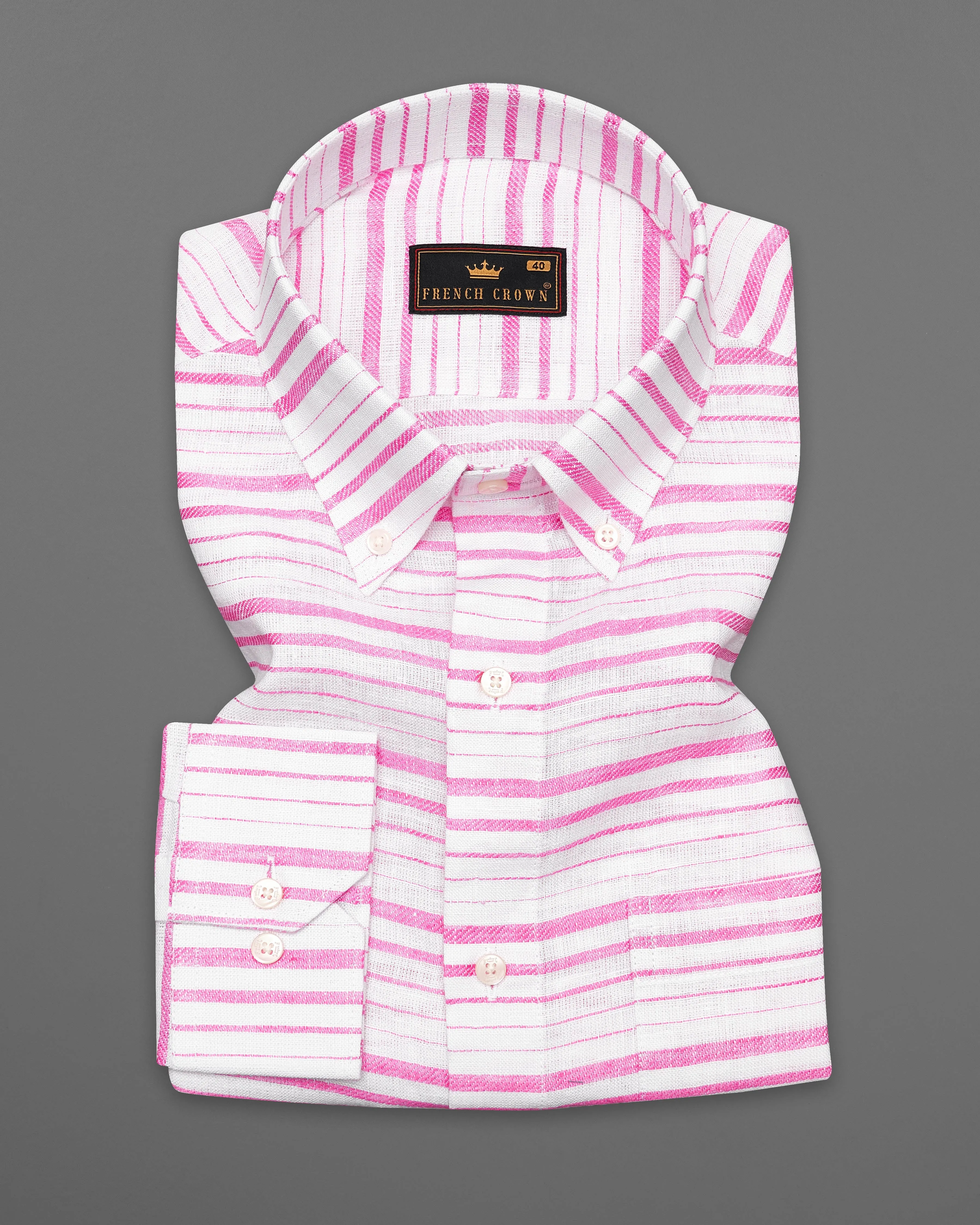 Bright White with Thulian Pink Striped Luxurious Linen Shirt sold by French Crown product image thumbnail 3