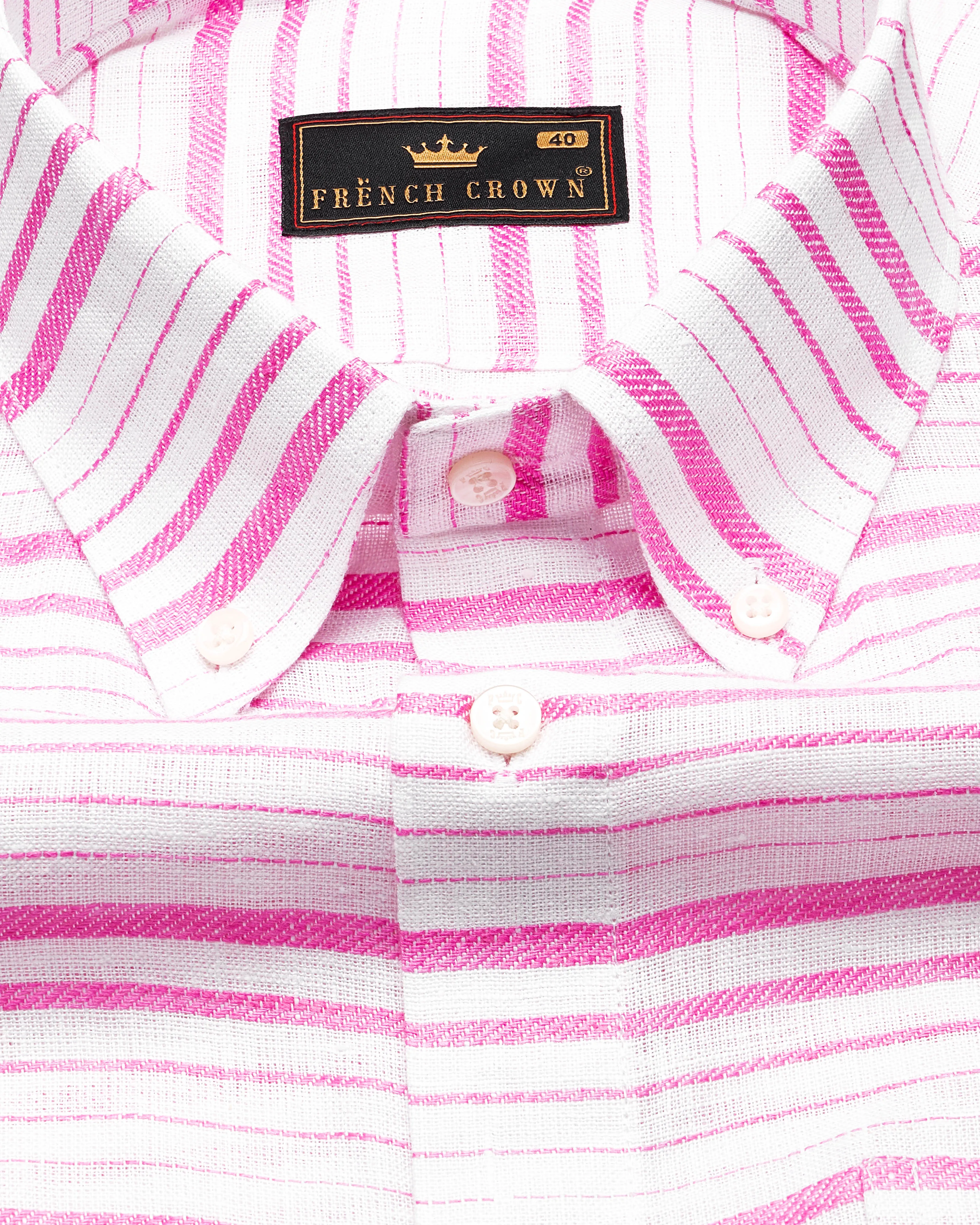 Bright White with Thulian Pink Striped Luxurious Linen Shirt sold by French Crown