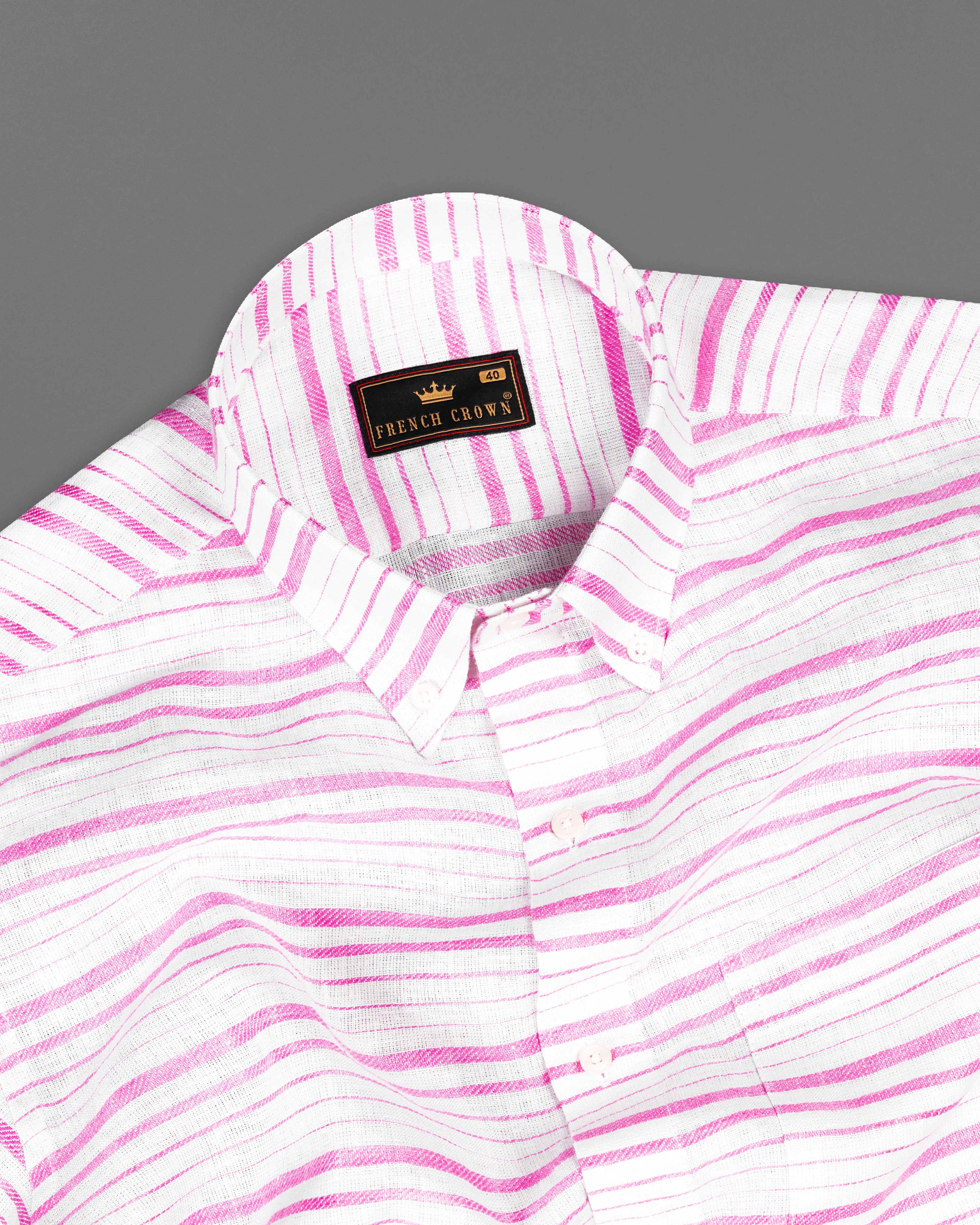 Bright White with Thulian Pink Striped Luxurious Linen Shirt sold by French Crown product image thumbnail 4