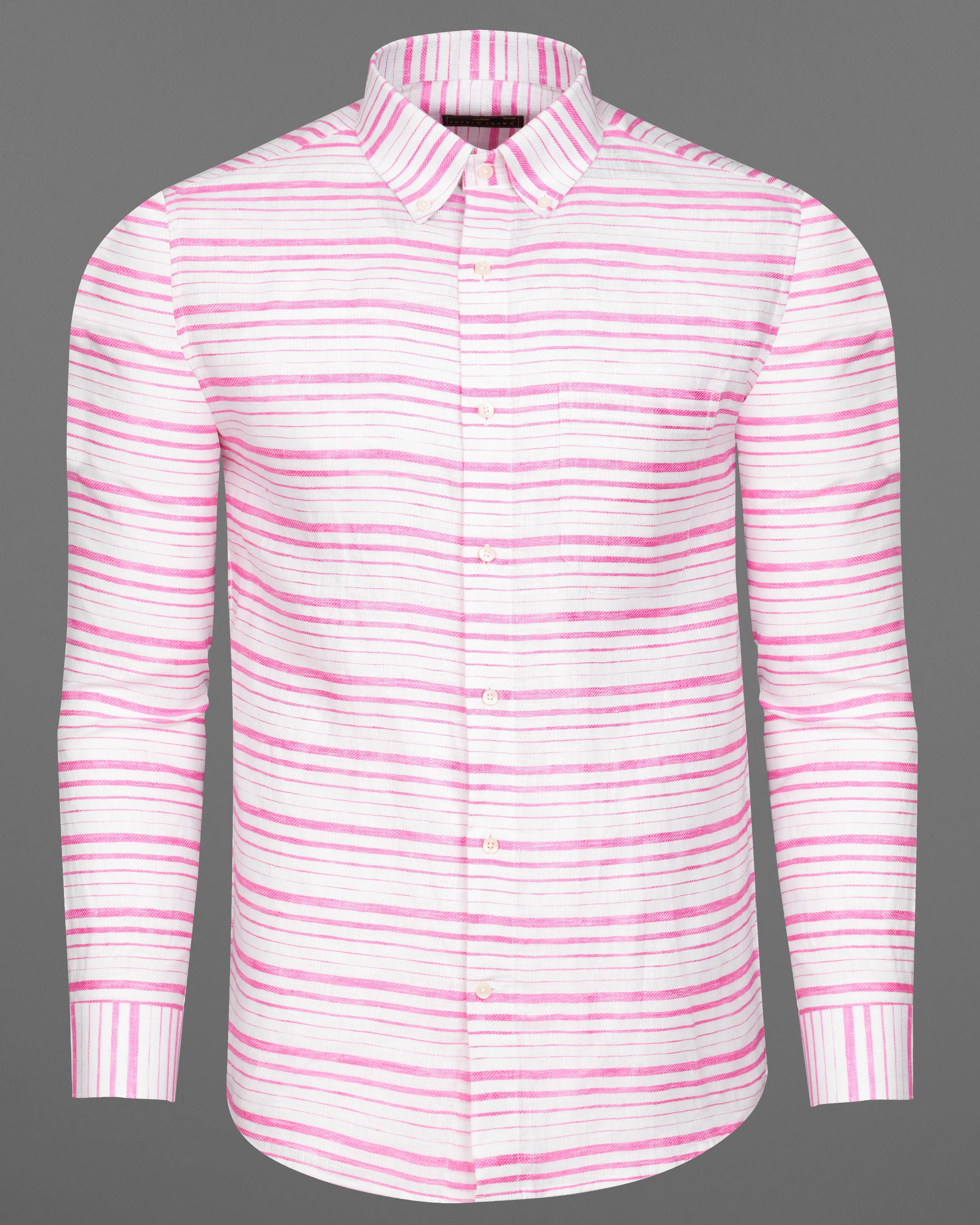 Bright White with Thulian Pink Striped Luxurious Linen Shirt sold by French Crown product image thumbnail 5