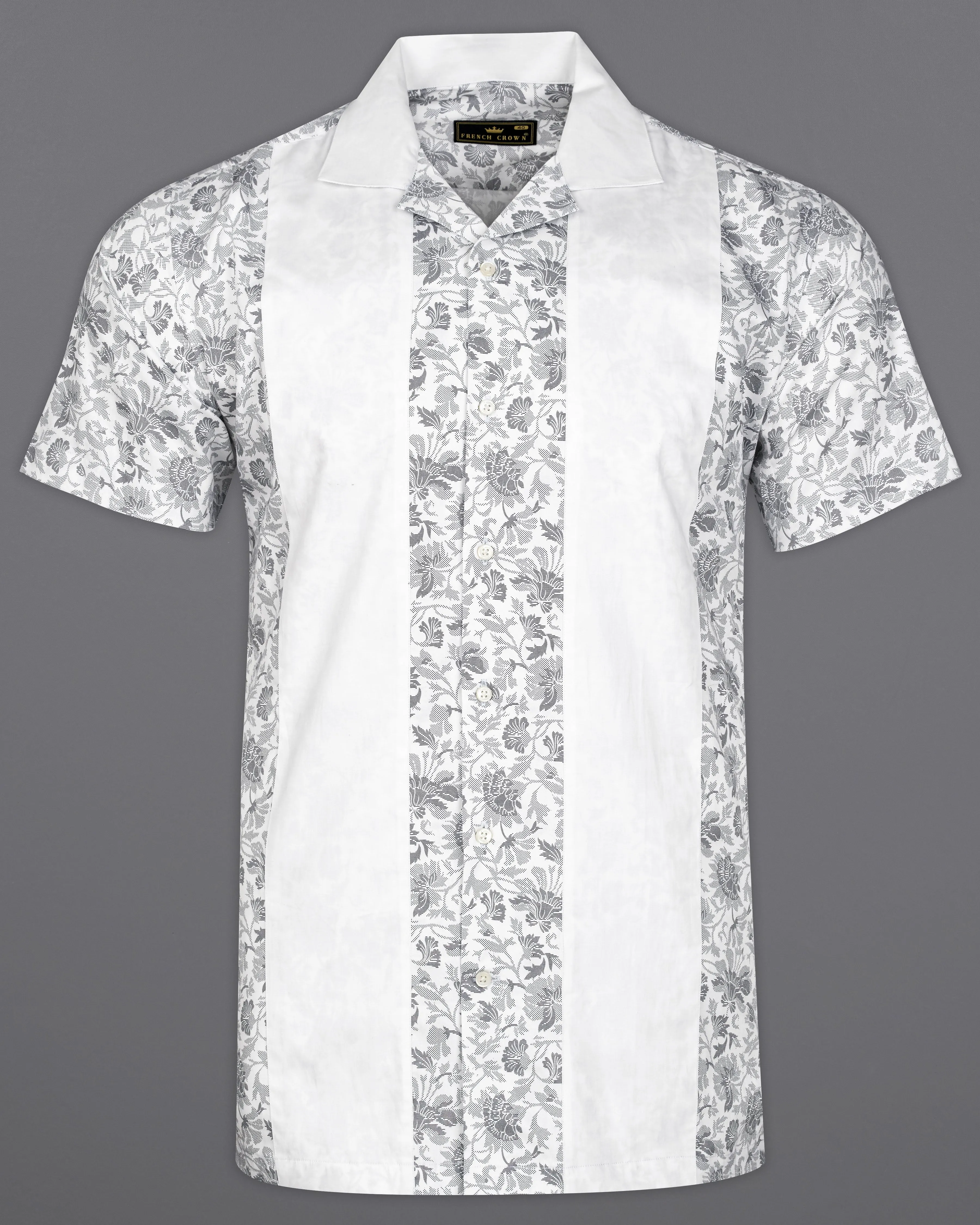 Bright White with Storm Dust Gray Floral Printed Super Soft Premium Cotton Shirt sold by French Crown product image thumbnail 2