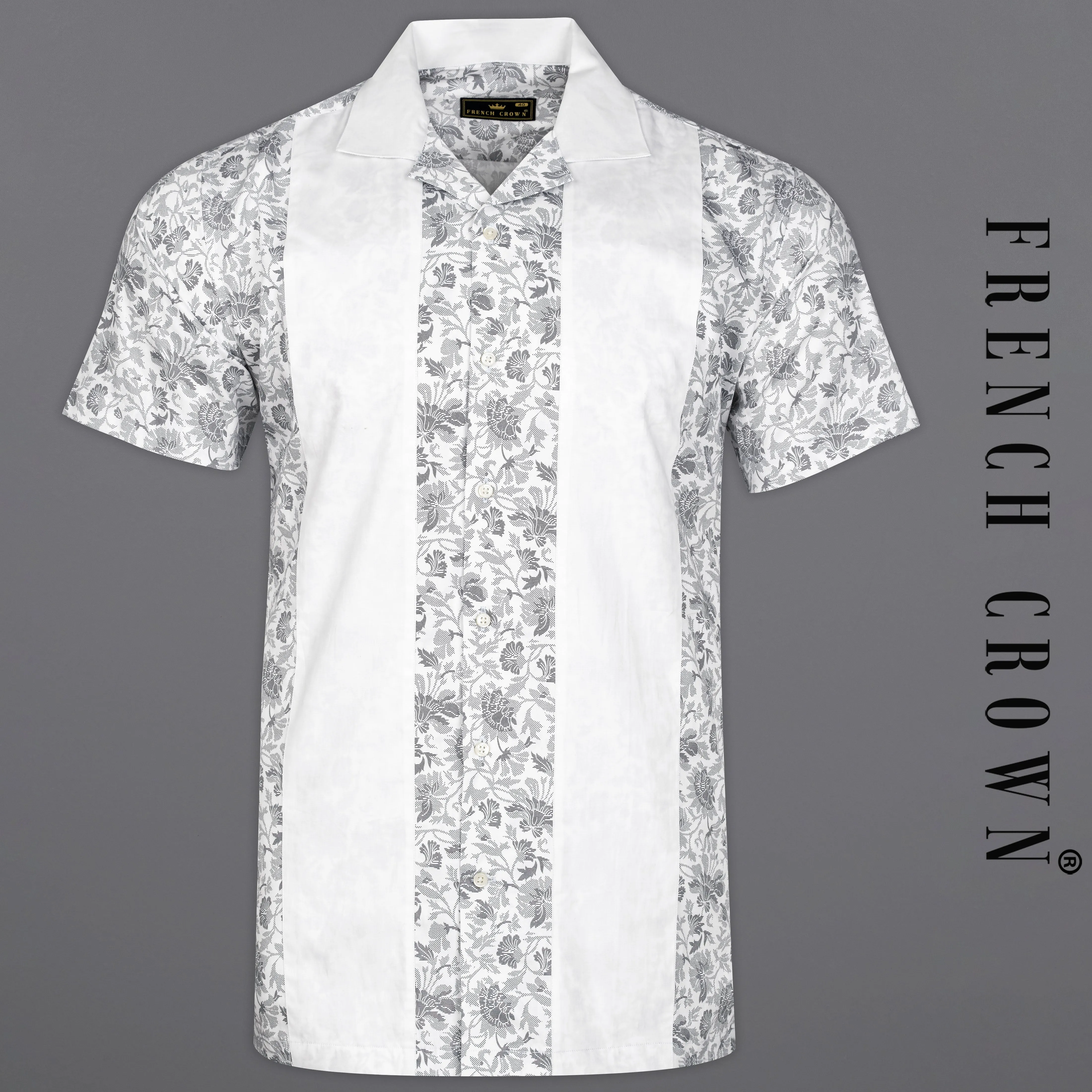 Bright White with Storm Dust Gray Floral Printed Super Soft Premium Cotton Shirt sold by French Crown