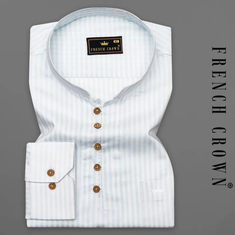 Bright White with Geyser Blue Twill Striped Premium Cotton Kurta Shirt sold by French Crown