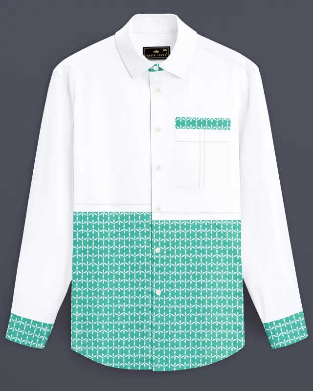 Bright White with Cascade Green Printed Premium Cotton Designer Shirt sold by French Crown