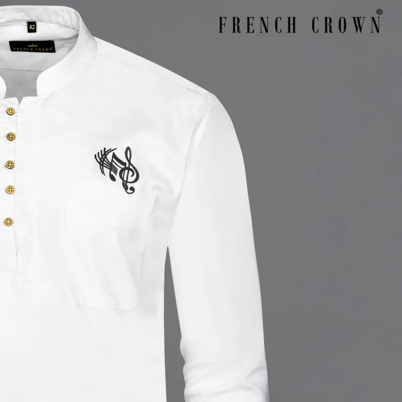 Bright White Subtle Sheen Music Sign Embroidered Super Soft Premium Cotton Kurta Shirt sold by French Crown