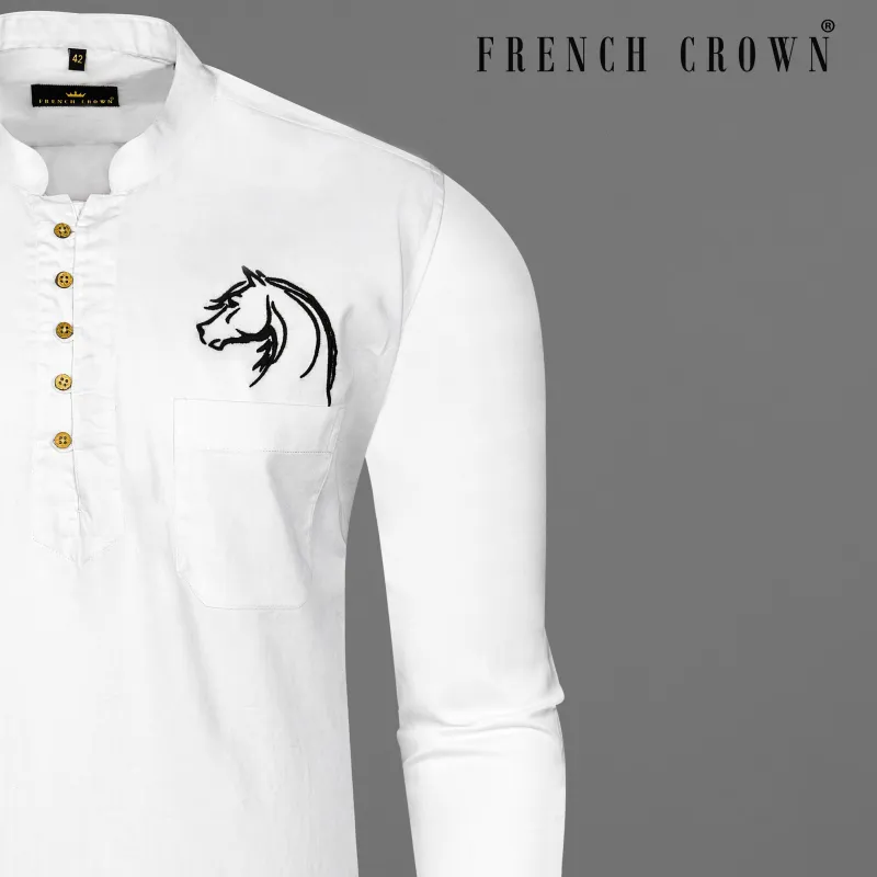 Bright White Subtle Sheen Horse Embroidered Super Soft Premium Cotton Kurta Shirt sold by French Crown