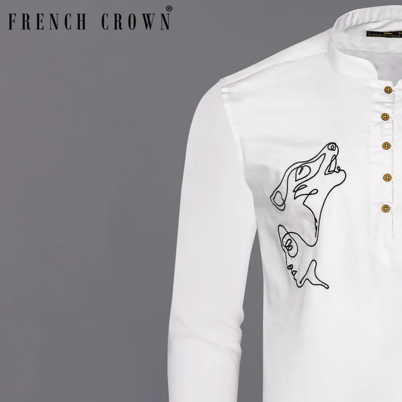 Bright White Subtle Sheen Embroidered Super Soft Premium Cotton Kurta Shirt sold by French Crown